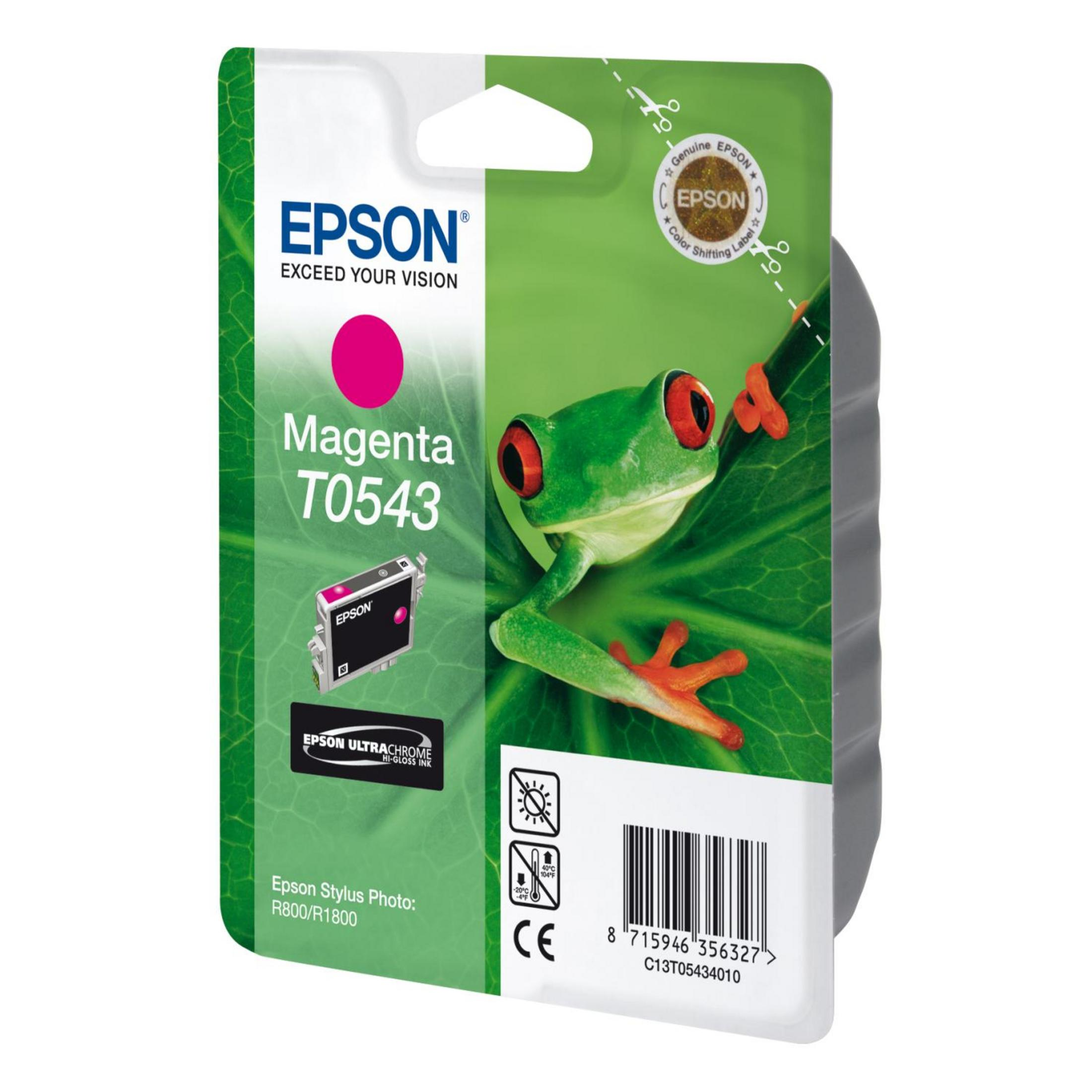Embalaje del cartucho de tinta Epson Magenta T0543, mostrando el cartucho y una rana verde en una hoja.