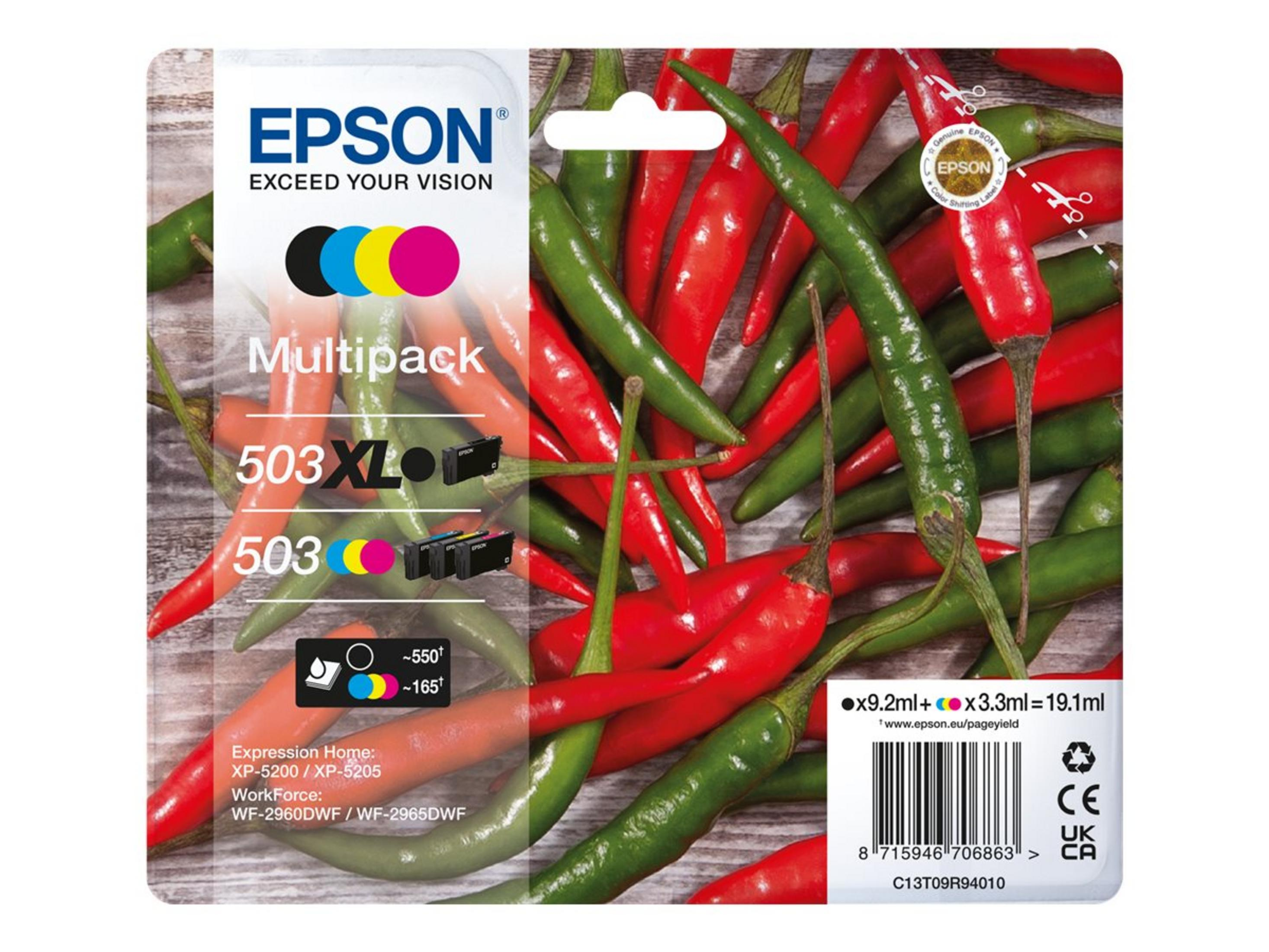 Zestaw wkładów atramentowych Epson z różnymi kolorami i papryczkami chili.