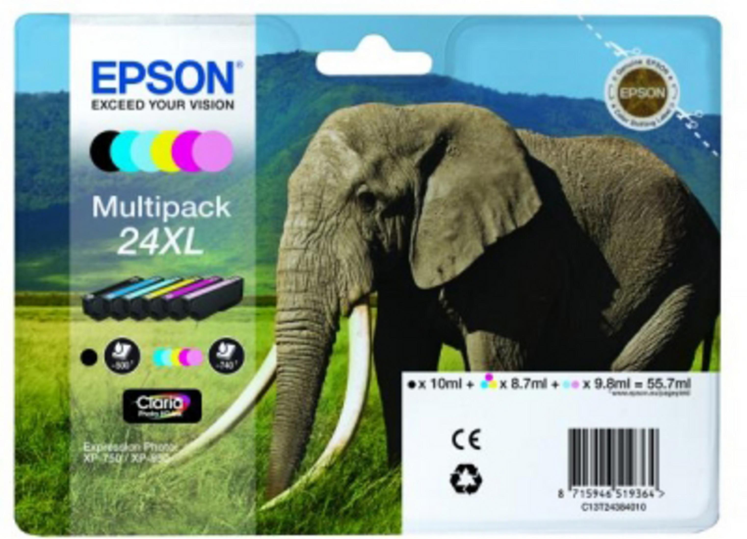 Epson Tintenpack mit Elefantenbild. Hintergrund zeigt grüne Hügel.
