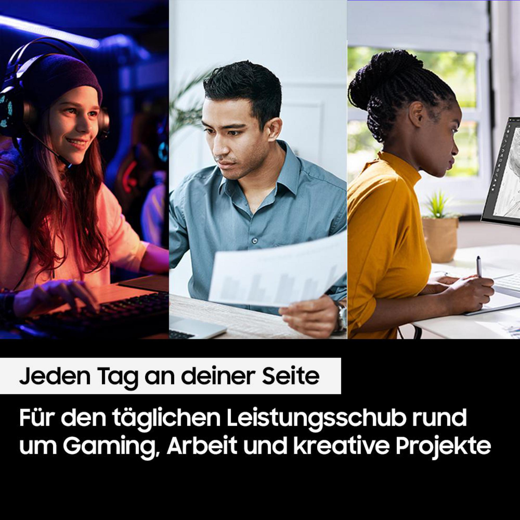 Obraz z trzema osobami korzystającymi z komputerów, z tekstem w języku niemieckim.