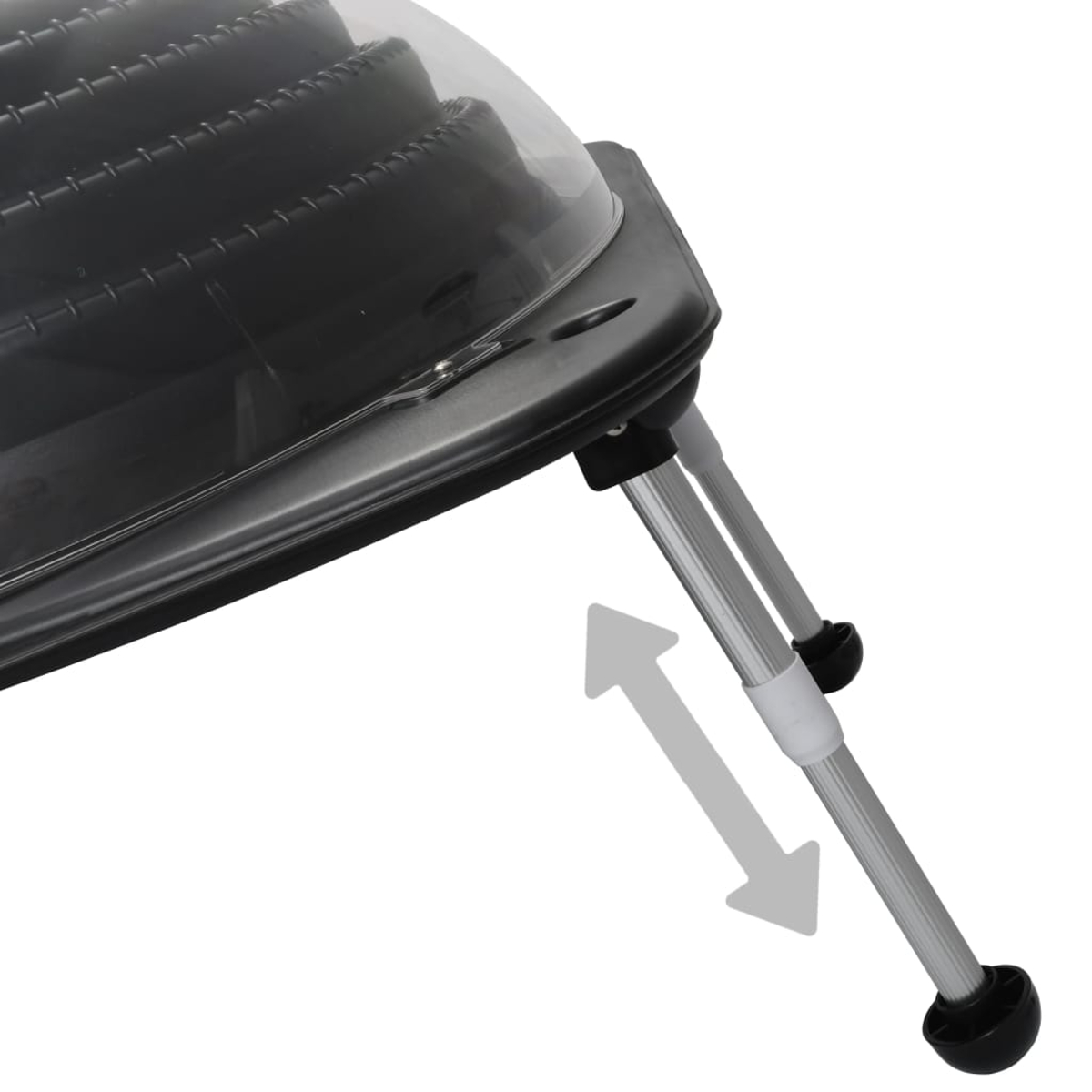 Nahaufnahme einer Solar-Poolabdeckung mit verstellbaren silbernen Beinen und Pfeilen.