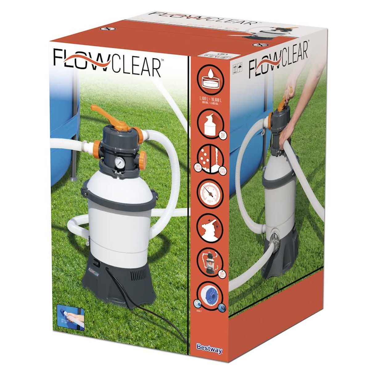 Bestway Flowclear Poolfilterpumpe, in einer Box mit der Pumpe auf einer grasbewachsenen Oberfläche.