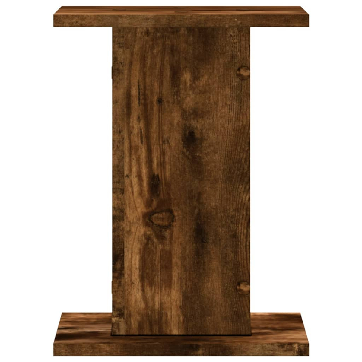 Holzsockel. Dunkelbrauner, rechteckiger Sockel und Oberteil mit einer vertikalen Planke in der Mitte.