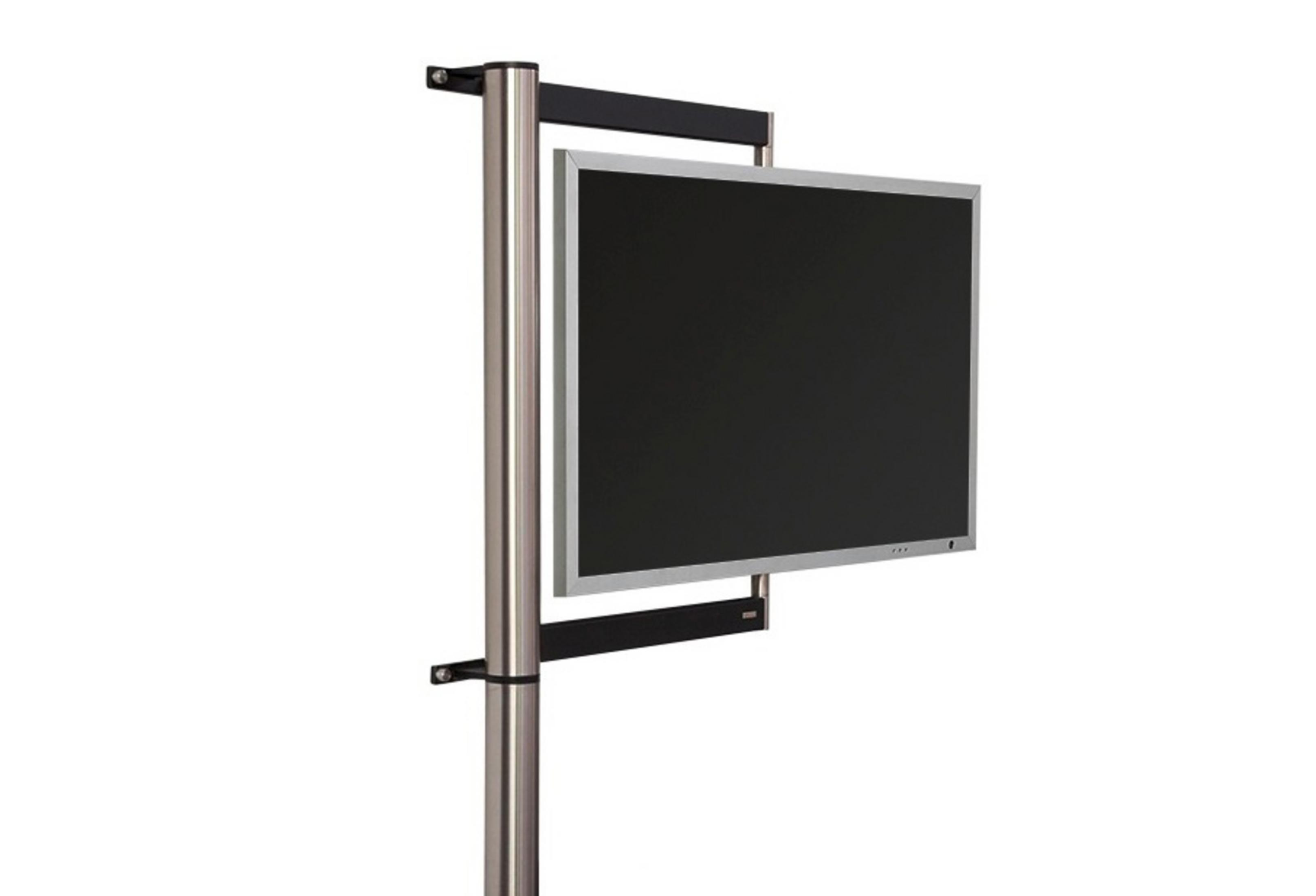 Monitor an einer Metallstange montiert, weißer Hintergrund.