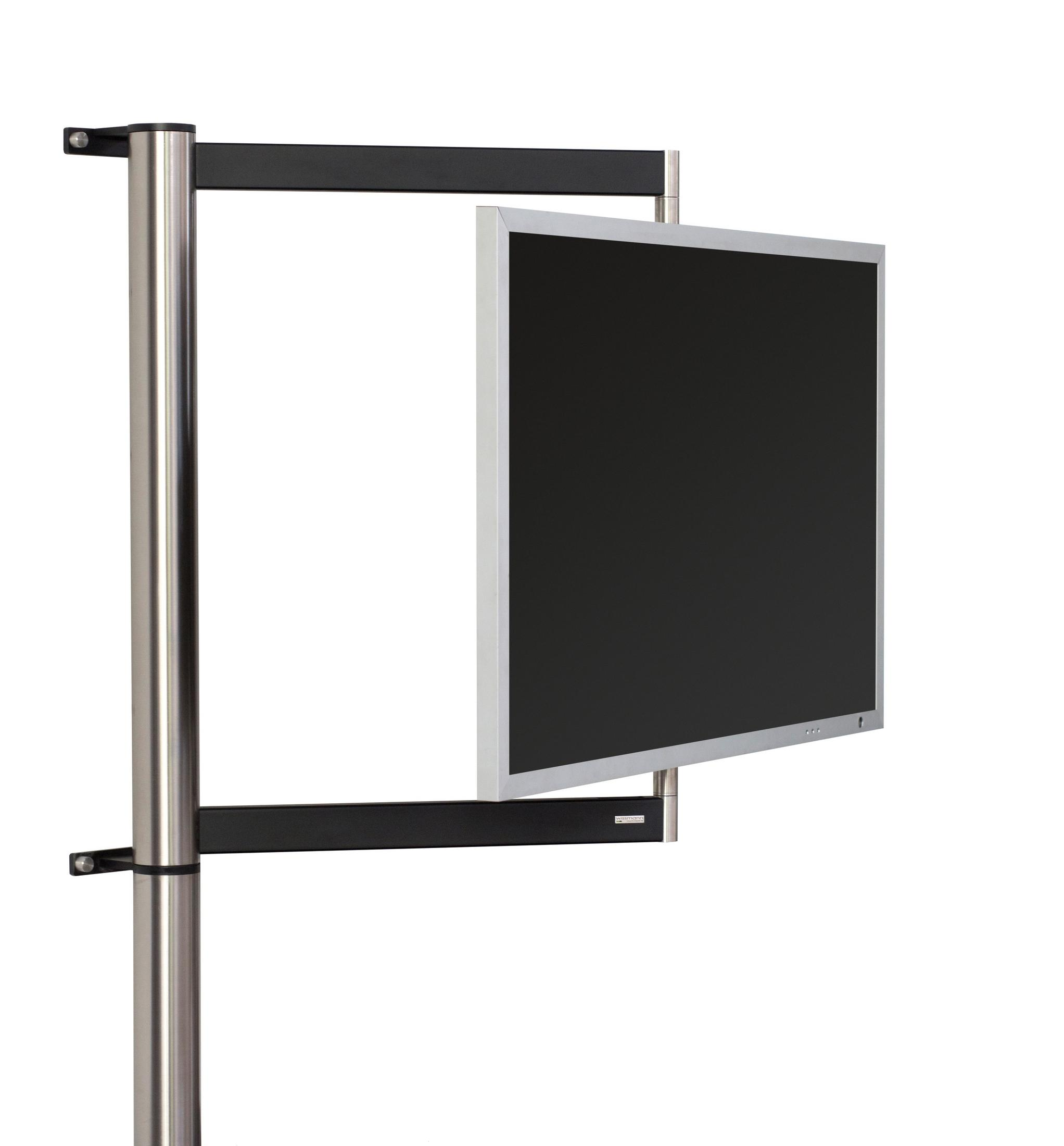 Monitor an einem Ständer montiert. Der Monitor ist schwarz und rechteckig. Ständer ist silber und schwarz.
