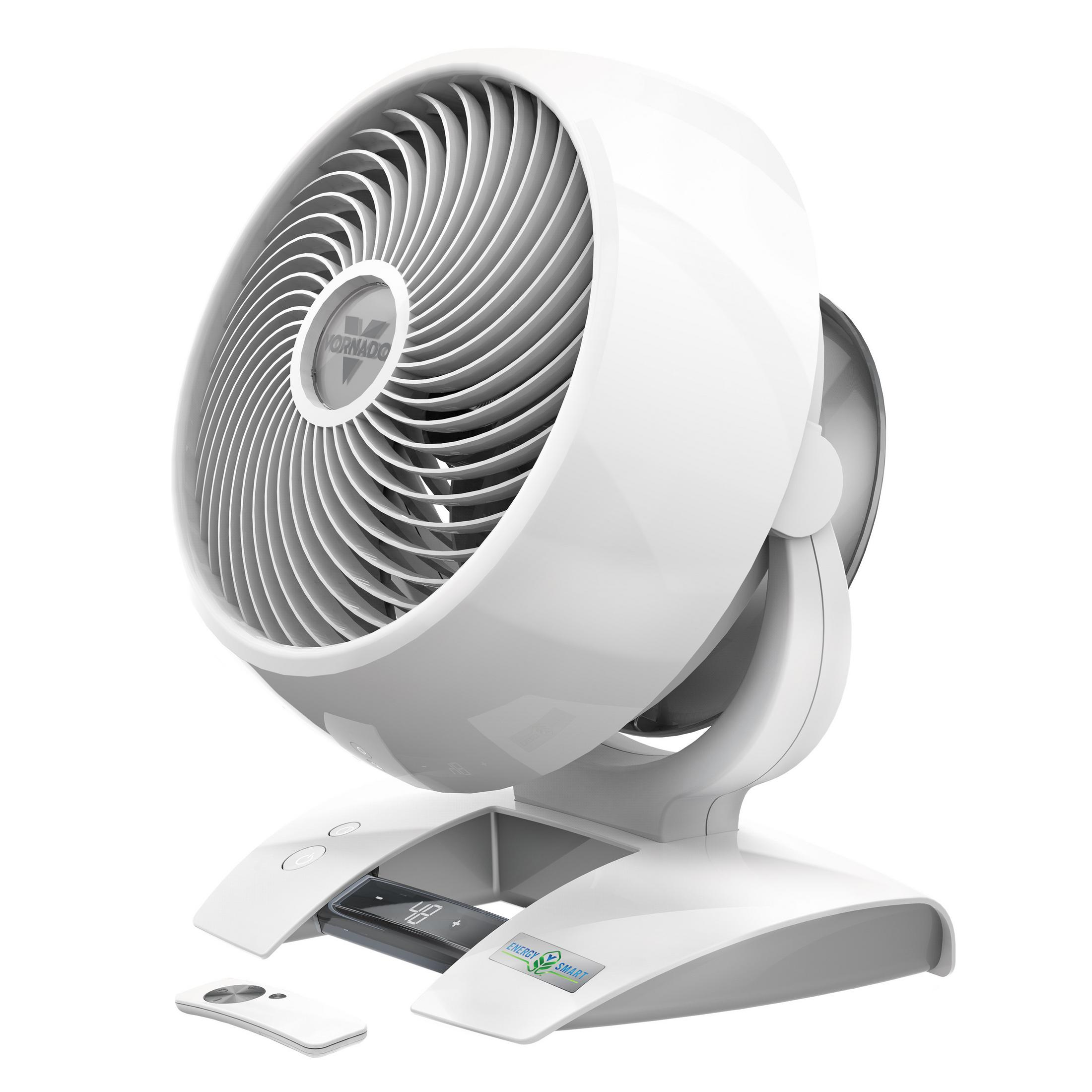 Weißer Vornado-Ventilator mit digitaler Anzeige und Fernbedienung.