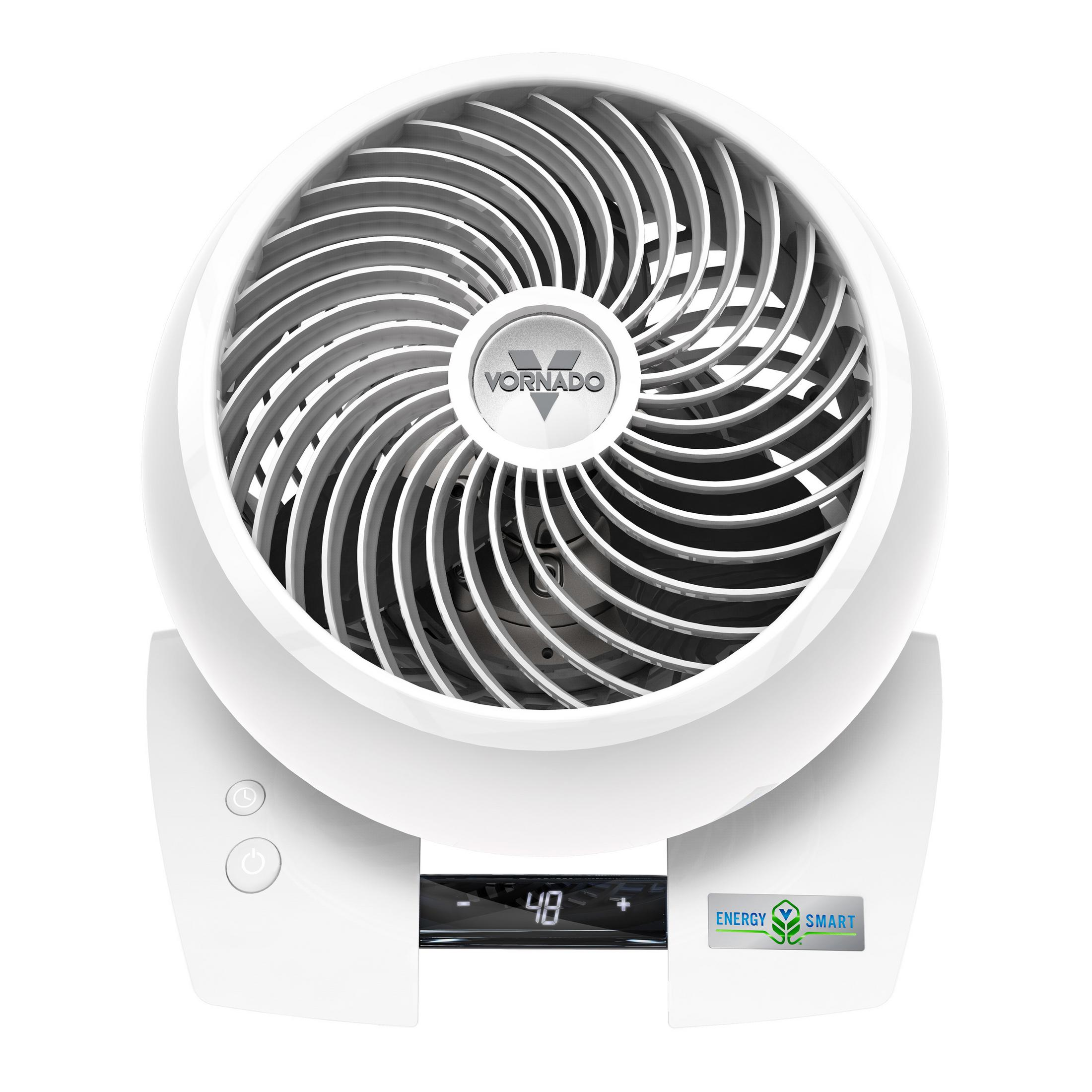 Weißer Vornado-Ventilator, Draufsicht, mit digitaler Anzeige und Bedienfeld.