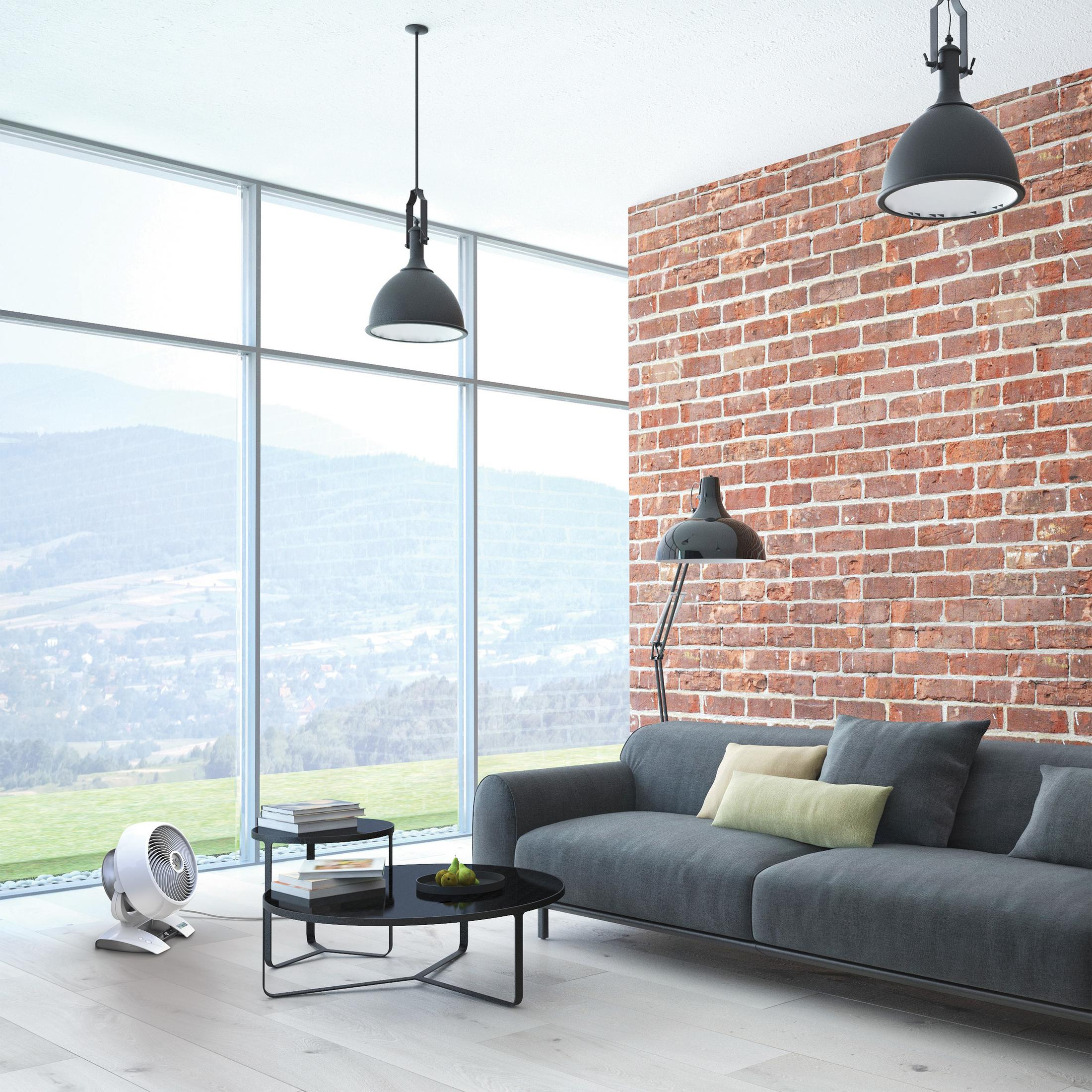 Wohnzimmer. Graues Sofa, Ziegelmauer, Fenster mit Aussicht, schwarze Tische und weißer Ventilator.