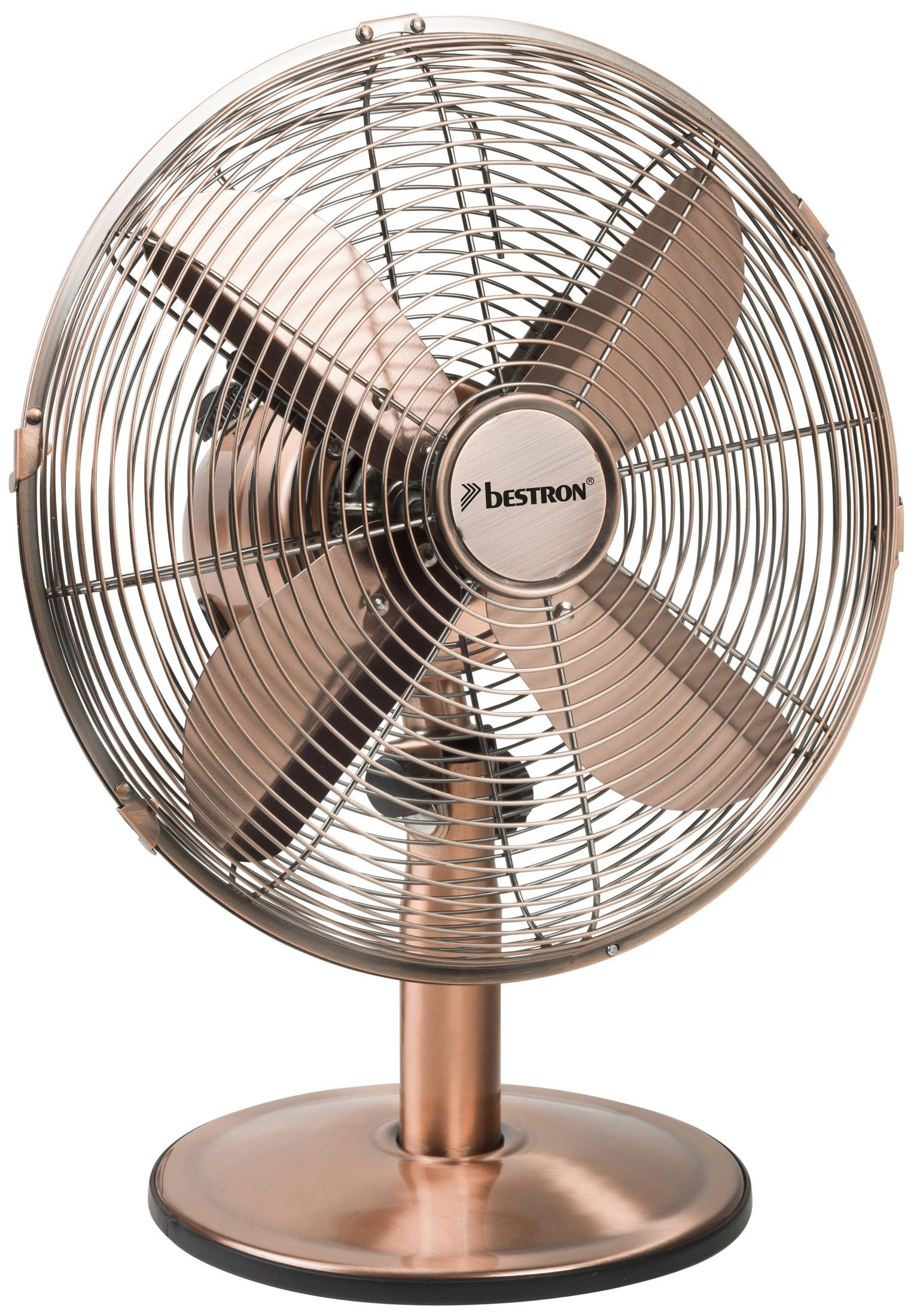 Ventilatore Bestron bronzo con quattro pale, una gabbia circolare e un supporto.