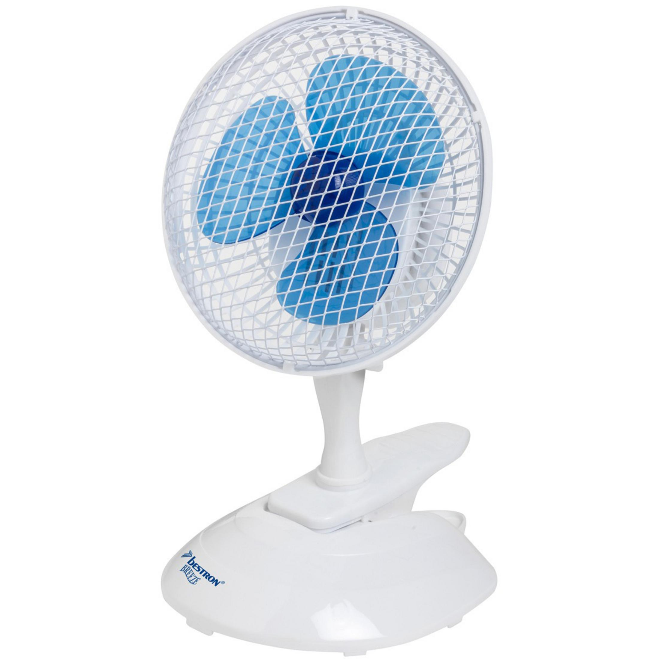 Ventilatore Bestron bianco con pale blu, base a clip e una gabbia protettiva.