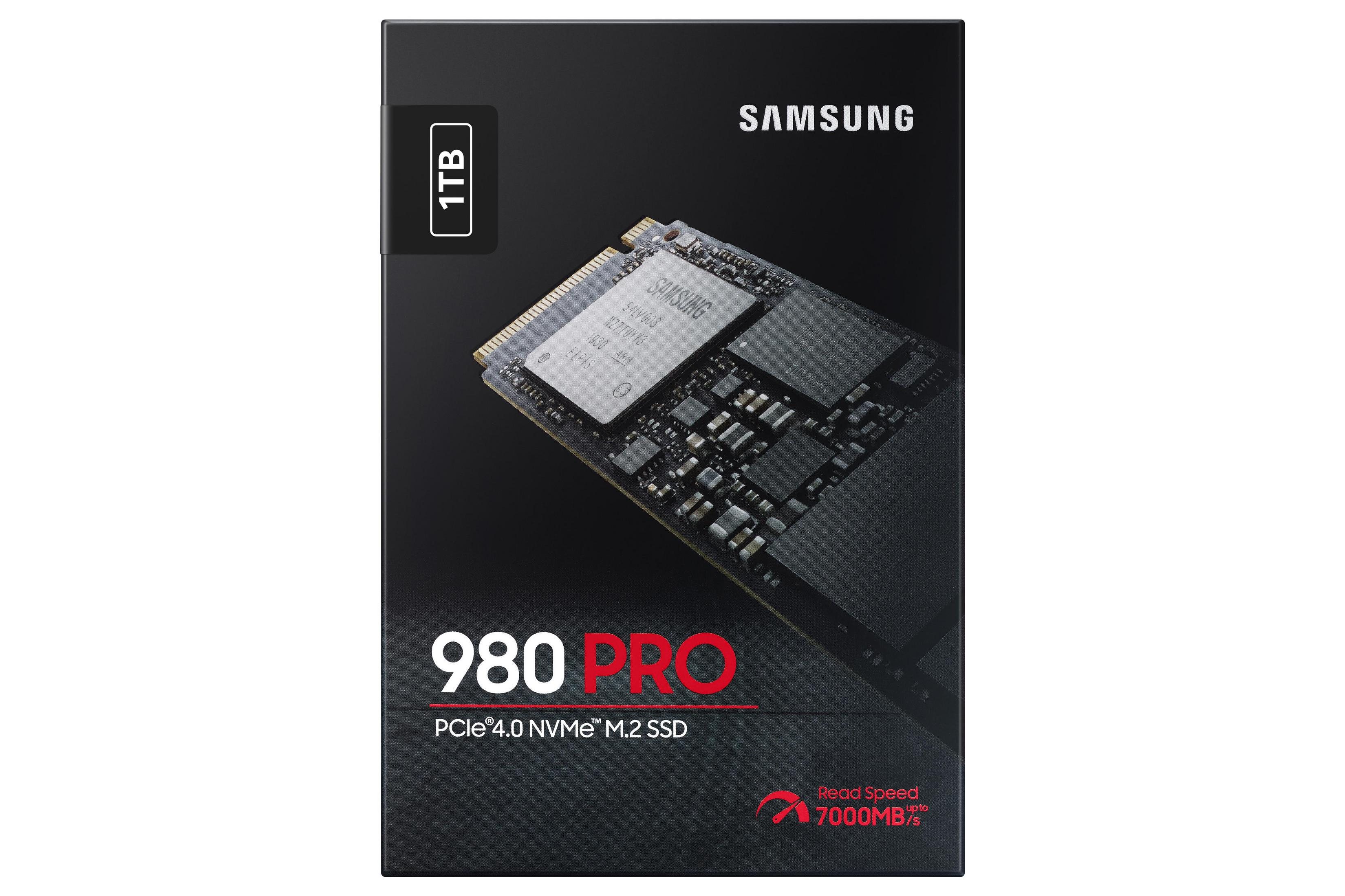 Pudełko dysku SSD Samsung 980 PRO, pokazujące napęd i szczegóły produktu. Czarne tło.
