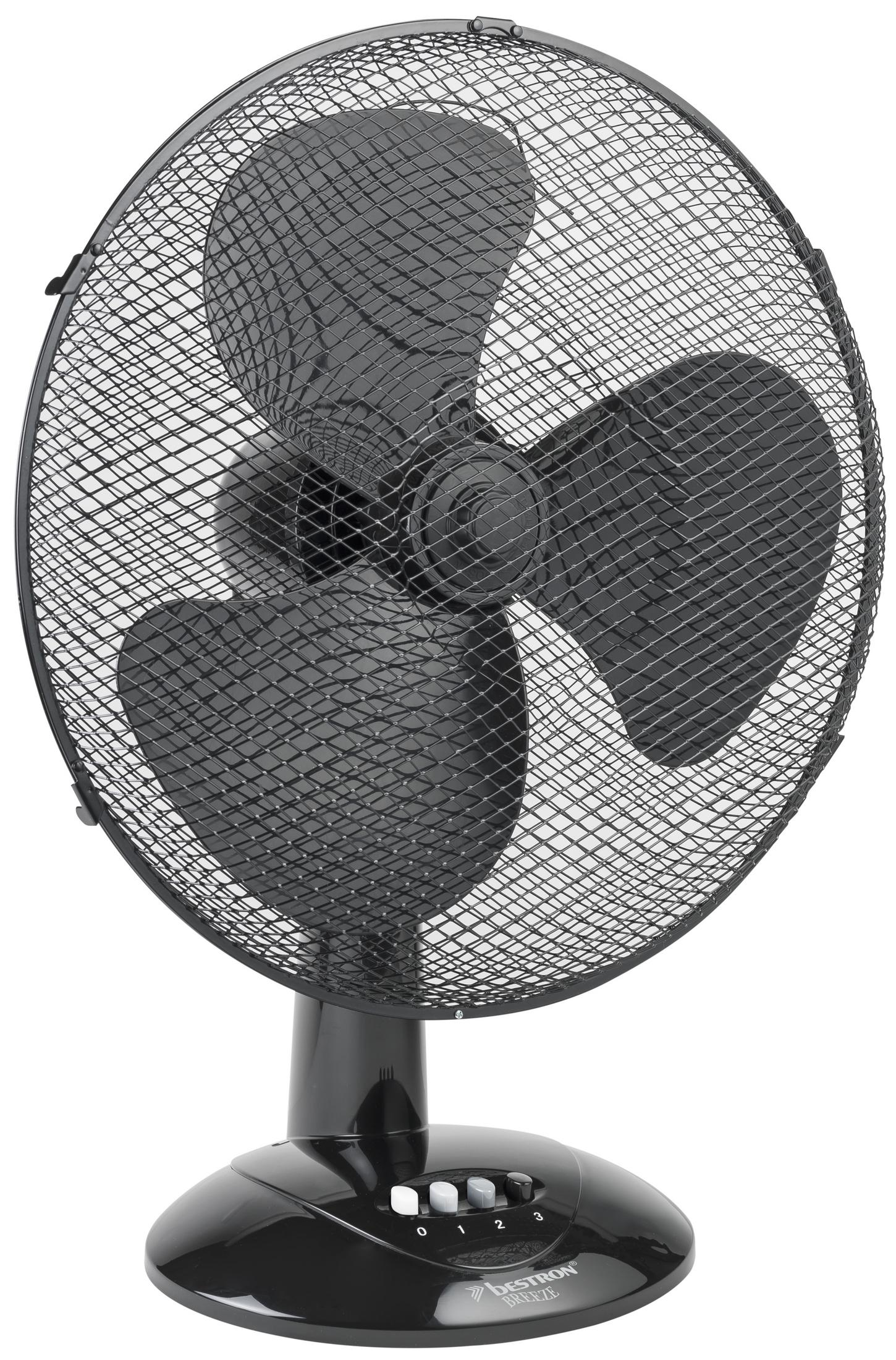 Ventilatore elettrico nero con griglia a rete, tre impostazioni di velocità, sfondo bianco.