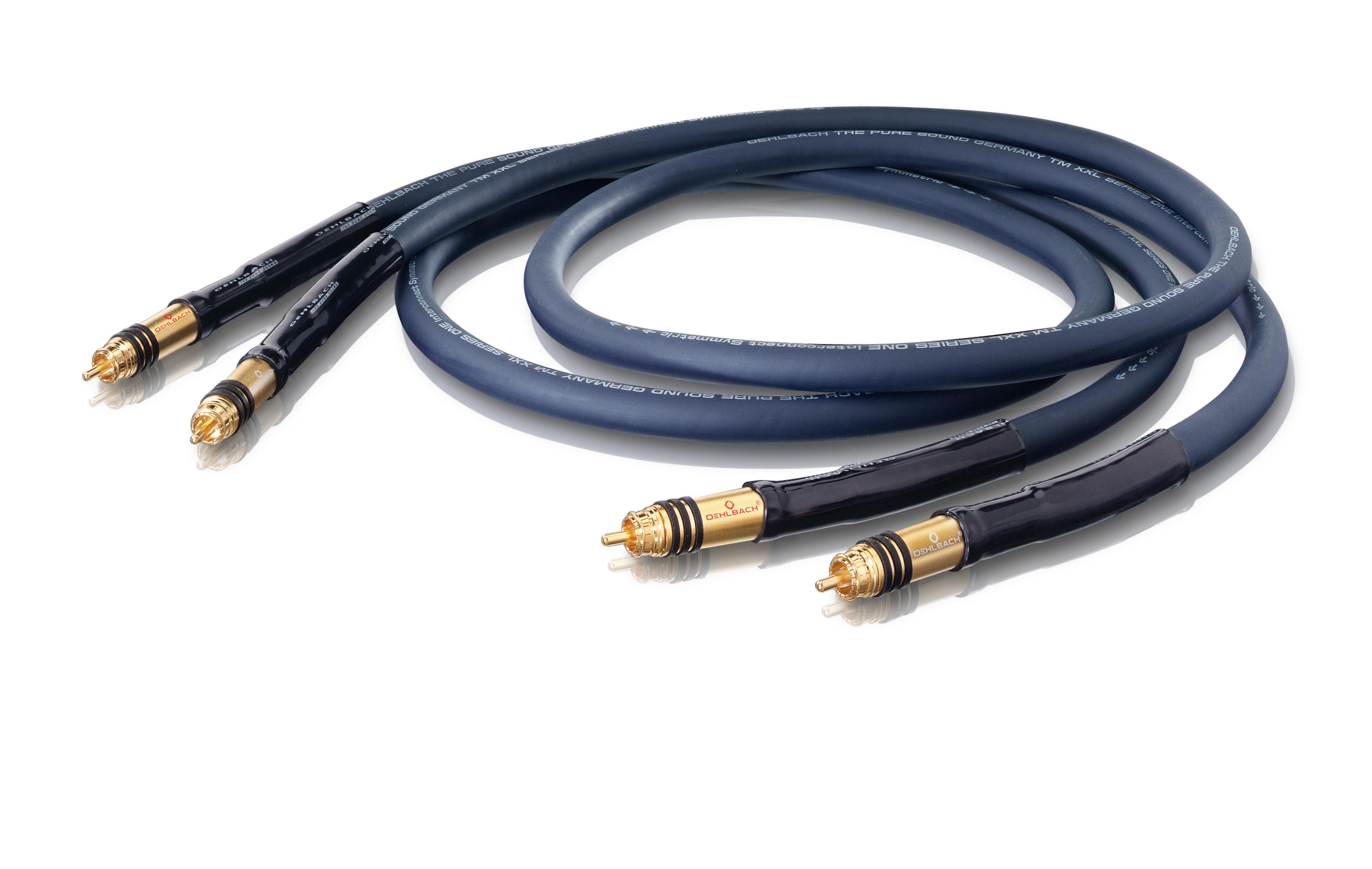 Zwei Paare blauer Audiokabel mit Goldsteckern, angeordnet auf weißem Hintergrund.