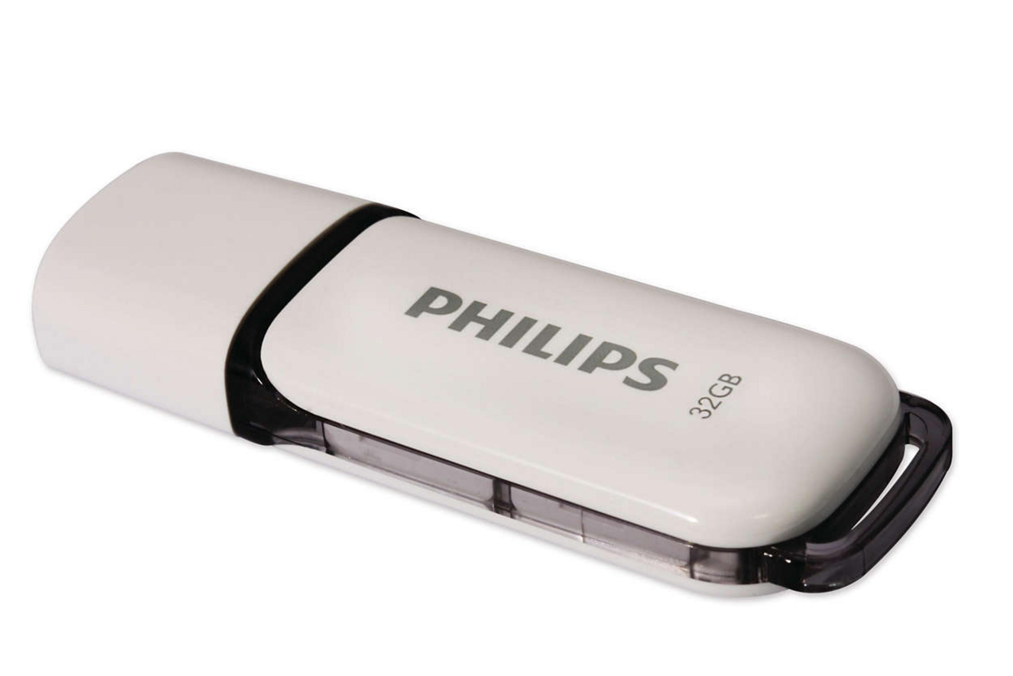 Clé USB Philips blanche avec un accent noir, vue en angle.