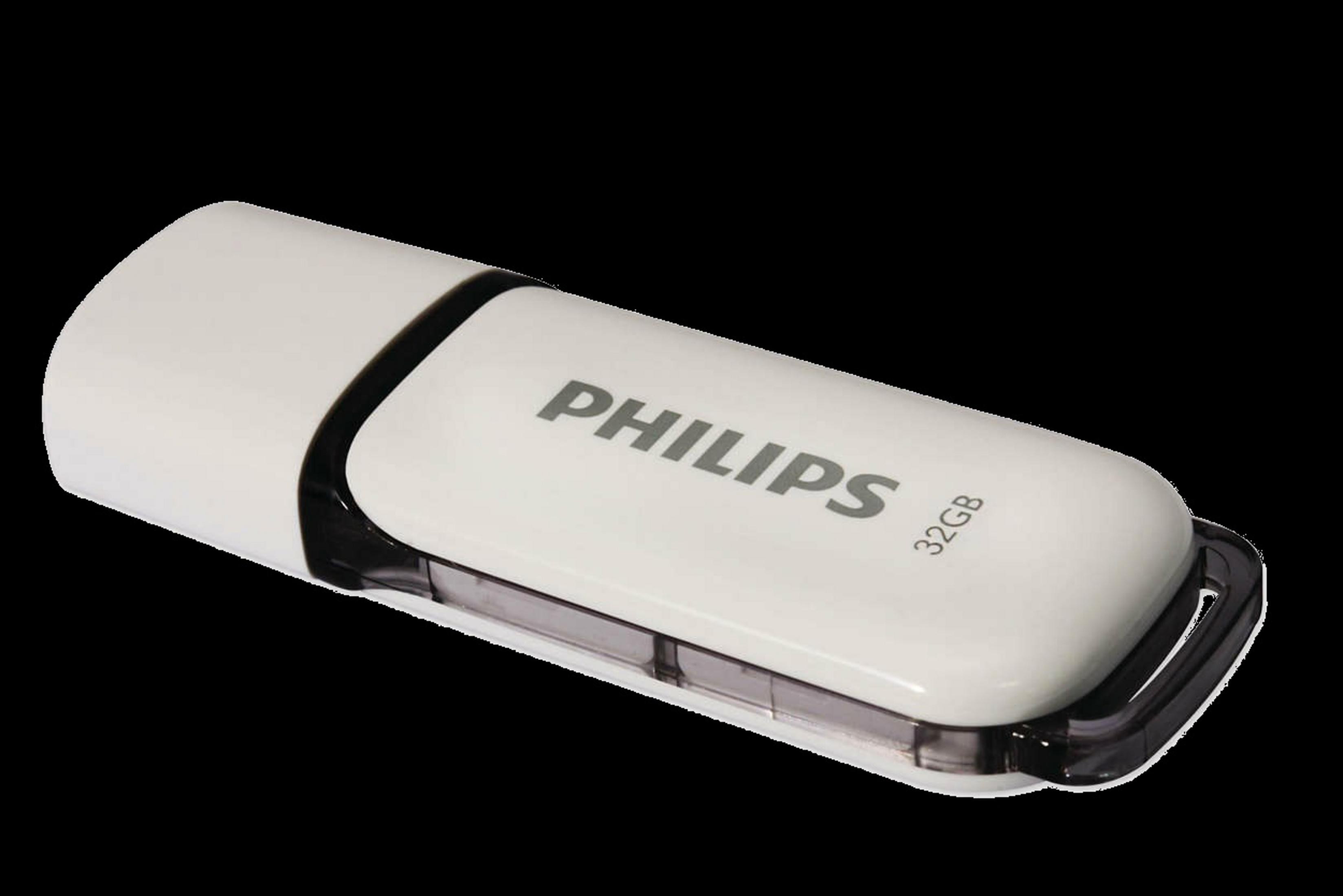 Clé USB Philips blanche avec un accent noir, vue en angle sur fond noir.