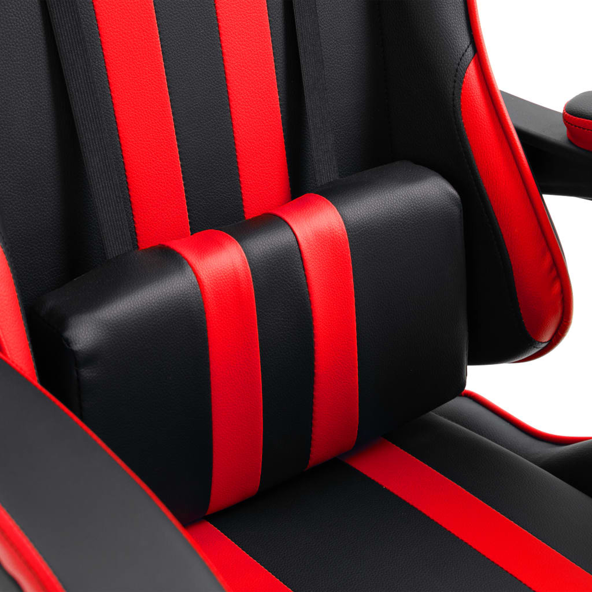 Primo piano di una sedia da gaming nera e rossa con un cuscino e strisce rosse.