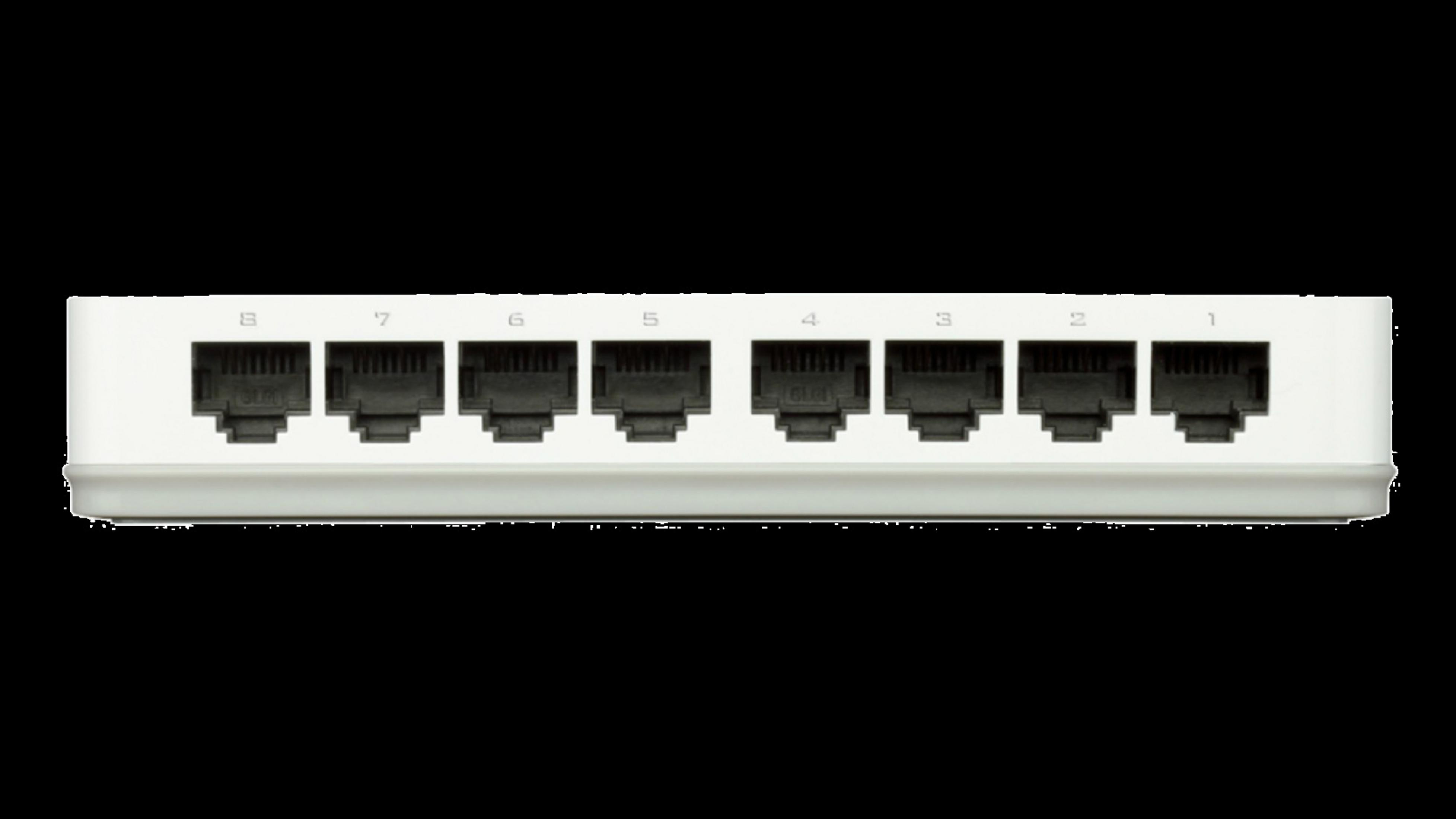 Weißer D-Link Netzwerk-Switch, zeigt acht Netzwerkanschlüsse, isoliert vor schwarzem Hintergrund.