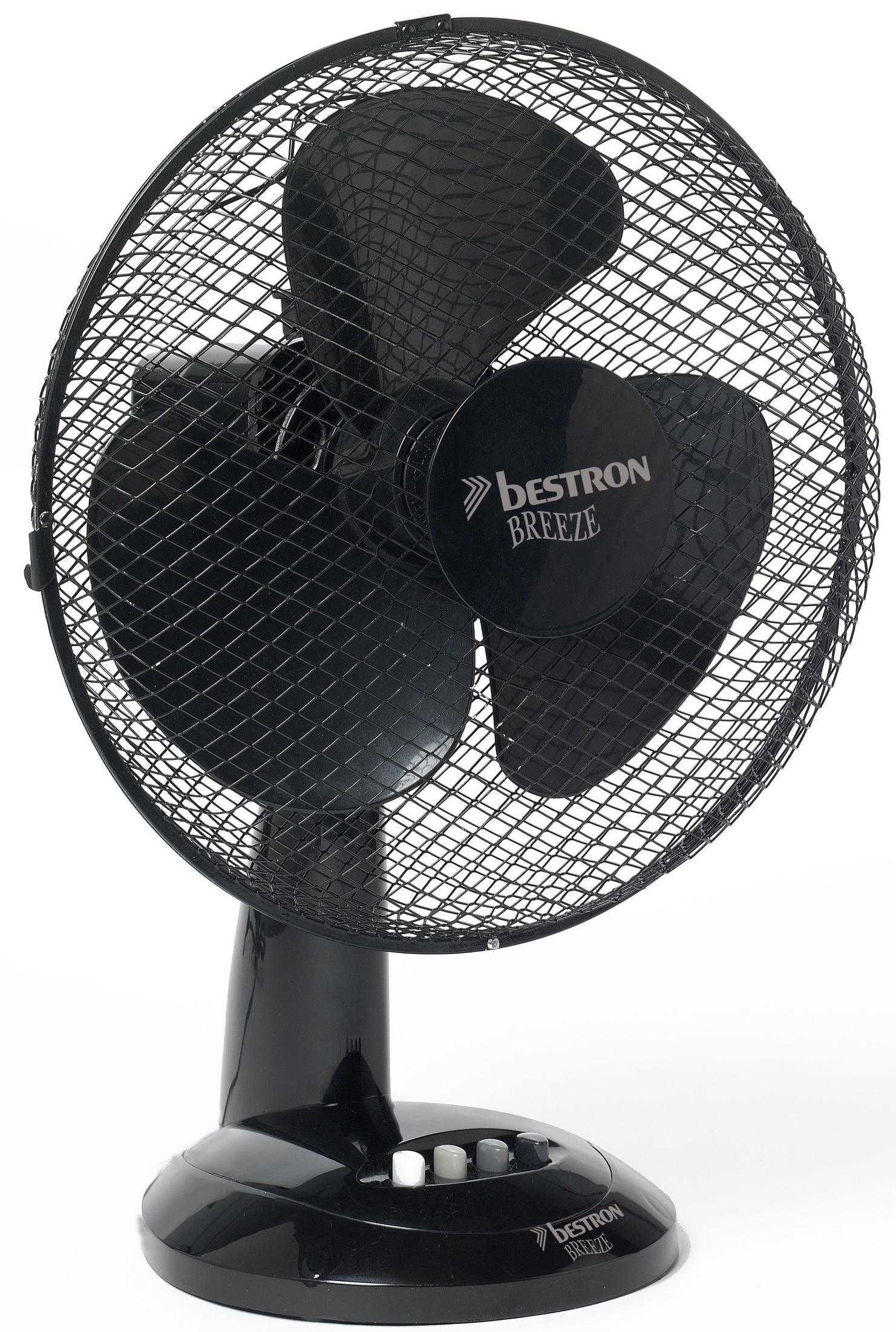 Ventilatore Bestron Breeze nero con griglia protettiva e pulsanti di controllo, isolato su sfondo bianco.