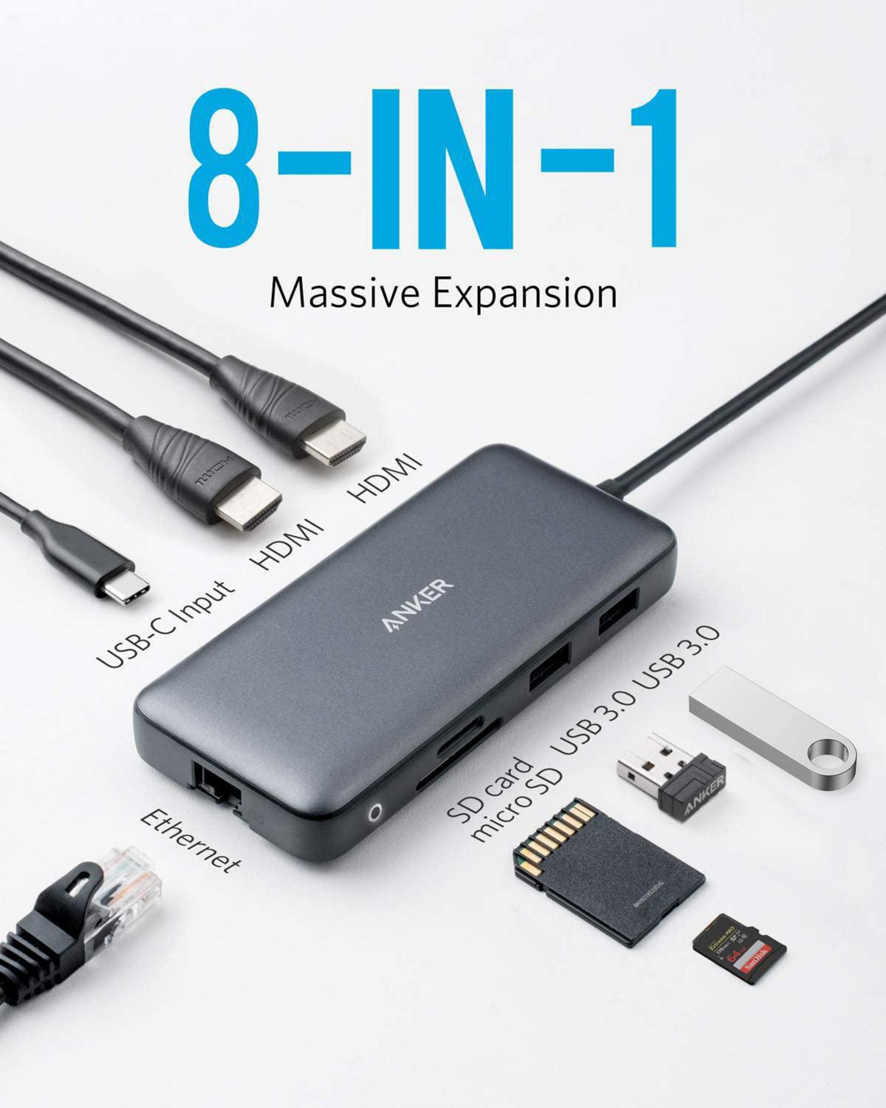 Anker 8-in-1-Hub mit Anschlüssen für USB-C, HDMI, Ethernet, SD-Karte und USB 3.0. Weißer Hintergrund.
