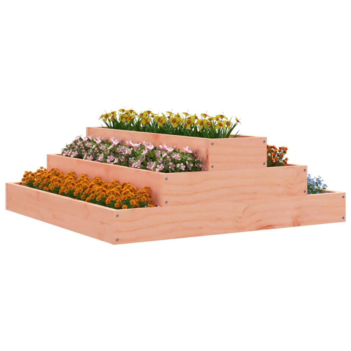 Ein mehrstufiger Holzpflanzer mit verschiedenen Blumen. Der Pflanzer ist hellbraun.