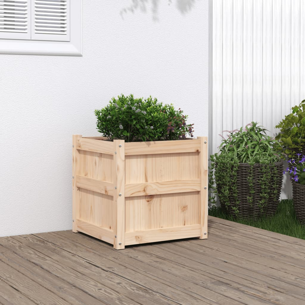 Holzpflanzkasten mit grünen Pflanzen auf einem Holzdeck, vor einer weißen Wand.
