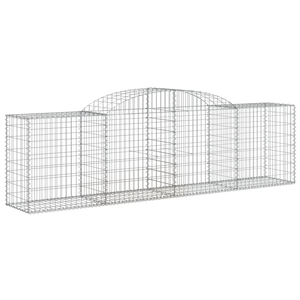 Ein langer, rechteckiger Gabion, aus verzinktem Stahldraht, isoliert auf Weiß.