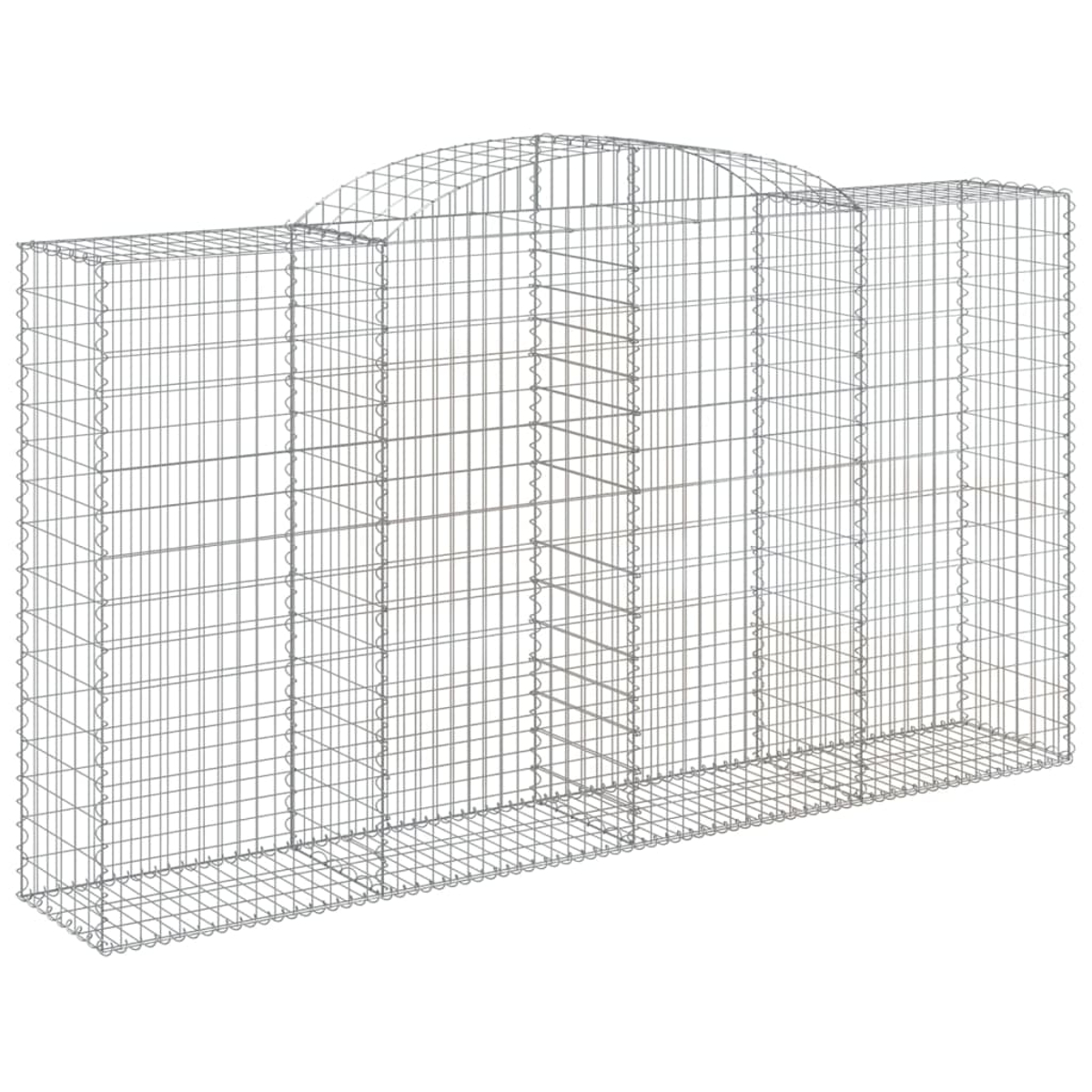 Gabionenwand mit gewölbtem Oberteil. Aus Drahtgeflecht, scheint leer zu sein.