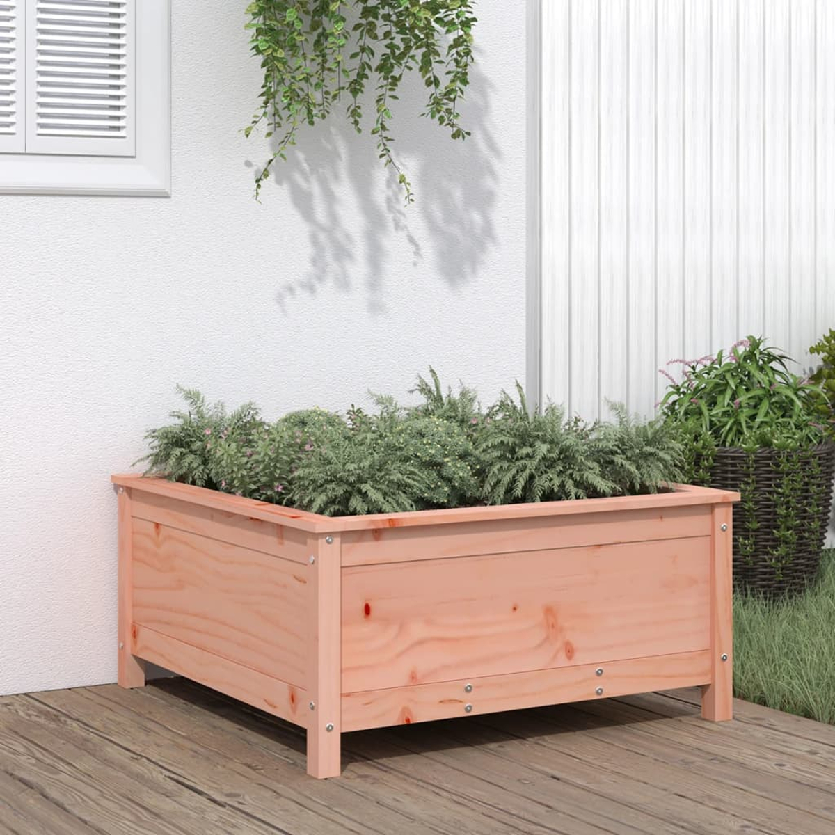 Holzpflanzkasten mit Pflanzen. Hellbraune Farbe, Pflanzen oben, auf einem Holzdeck.