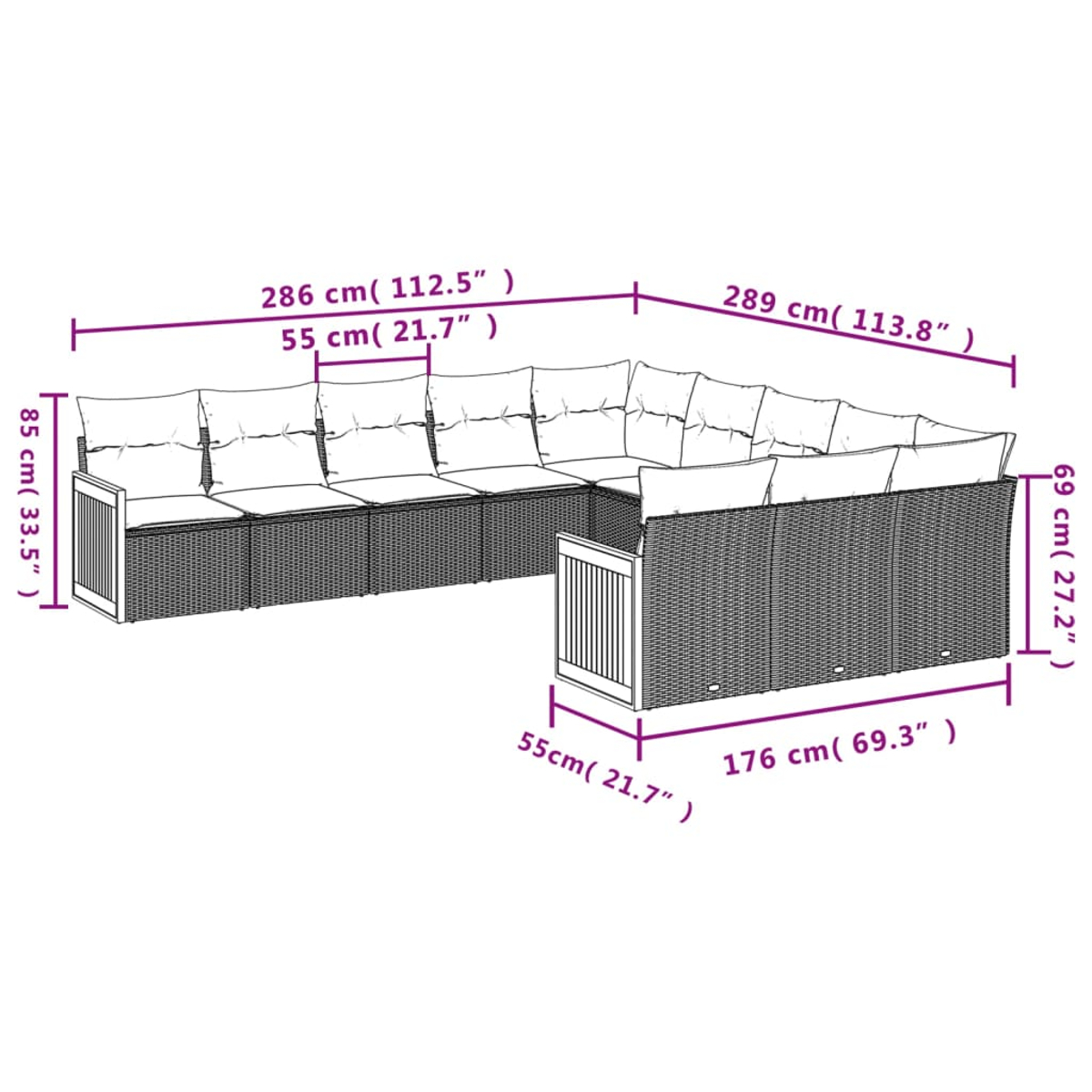 Set divano a U in rattan con dimensioni, cuscini color crema.