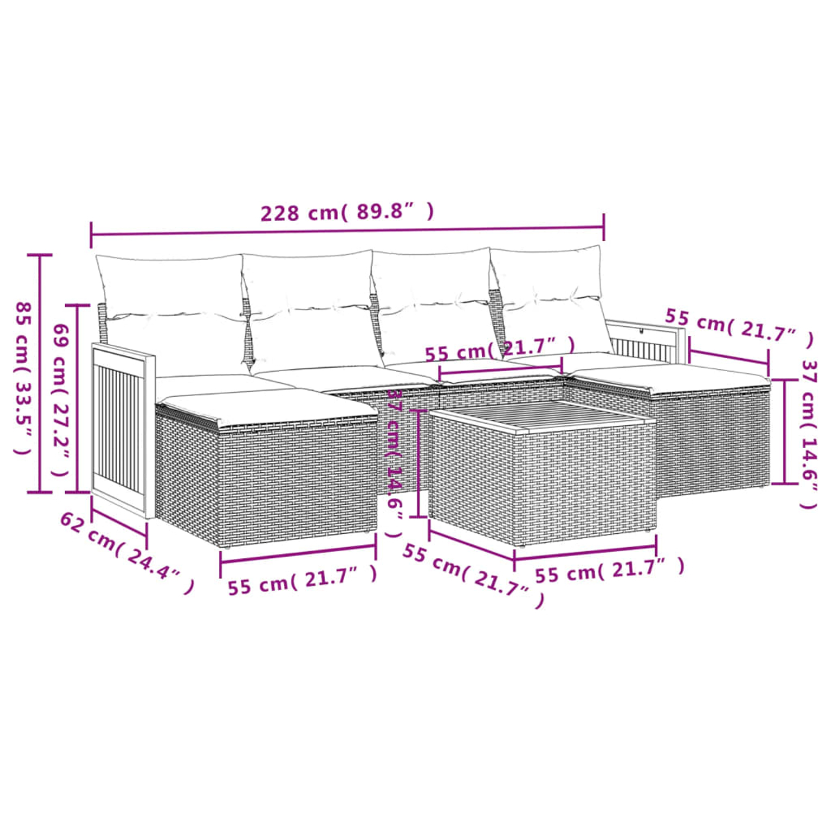 Gartenmöbel-Set mit Abmessungen. Korbsofa, Stühle und Couchtisch. Weißer Hintergrund.