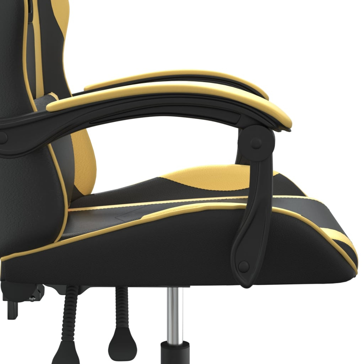 Nahaufnahme eines schwarzen Gaming-Stuhls mit gelben Akzenten, Armlehnen-Details sichtbar.