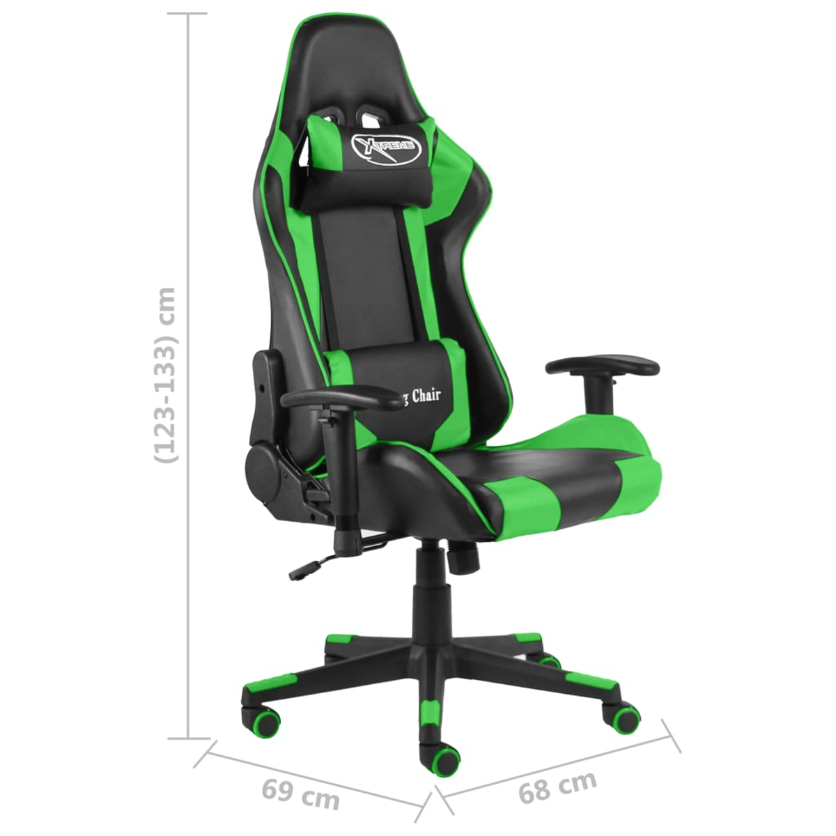 Sedia da gaming nera e verde. Dimensioni 69x68x(123-133)cm.