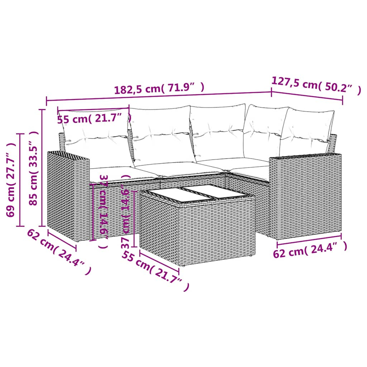 Set divano in vimini da esterno con dimensioni, cuscini grigi.