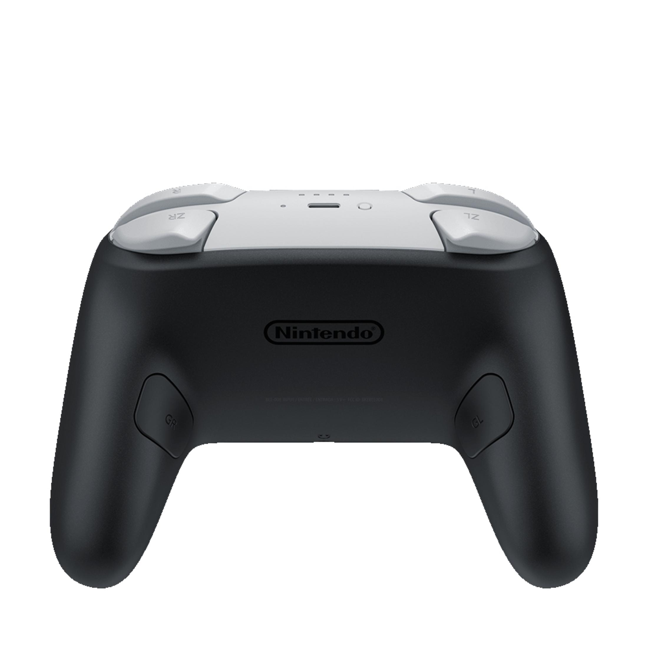 Czarny kontroler Nintendo Switch z szarymi akcentami, przyciskami i joystickami.