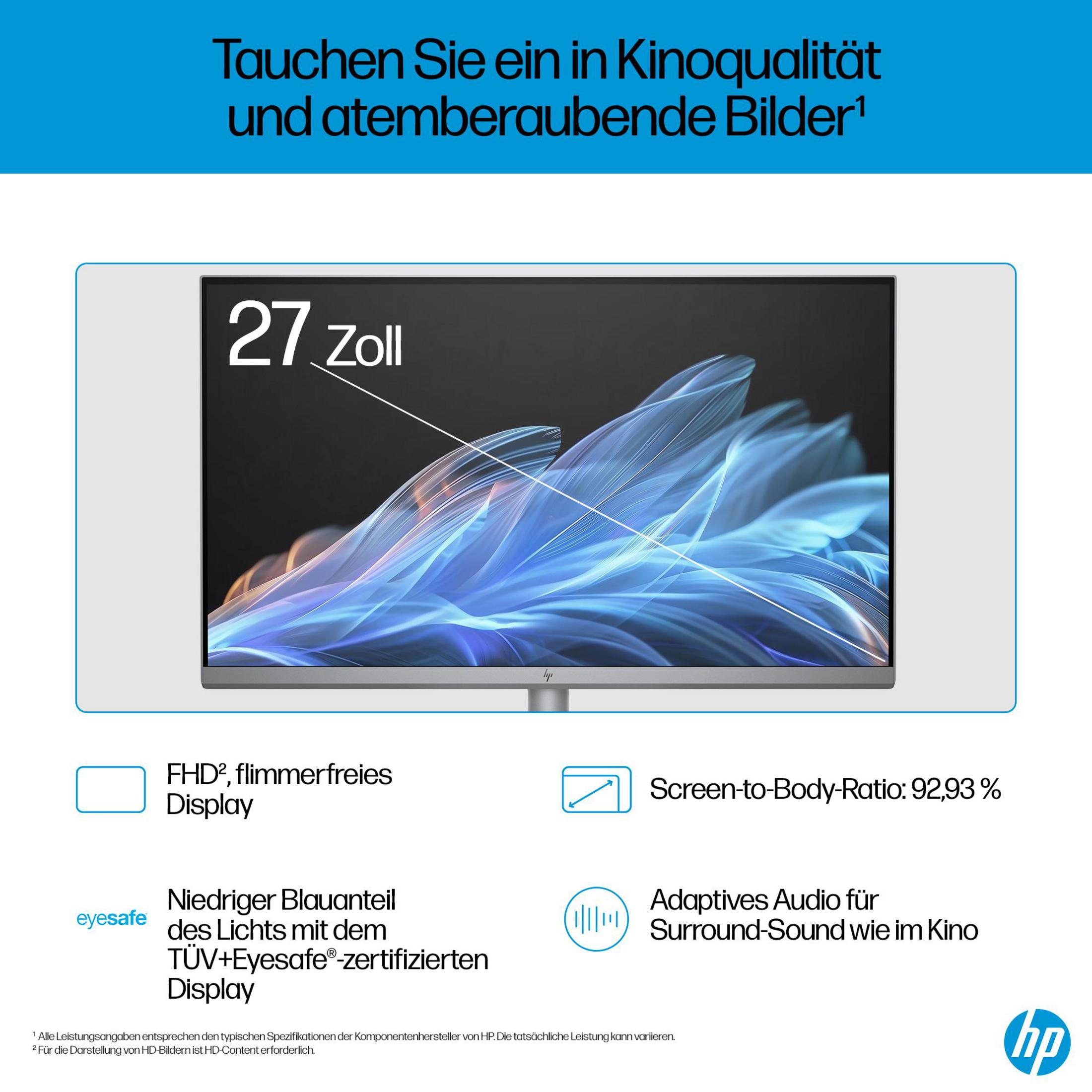 HP 27-Zoll-Monitor mit Text, Funktionen und dem HP-Logo. Anzeige zeigt blaue, wirbelnde abstrakte Kunst.
