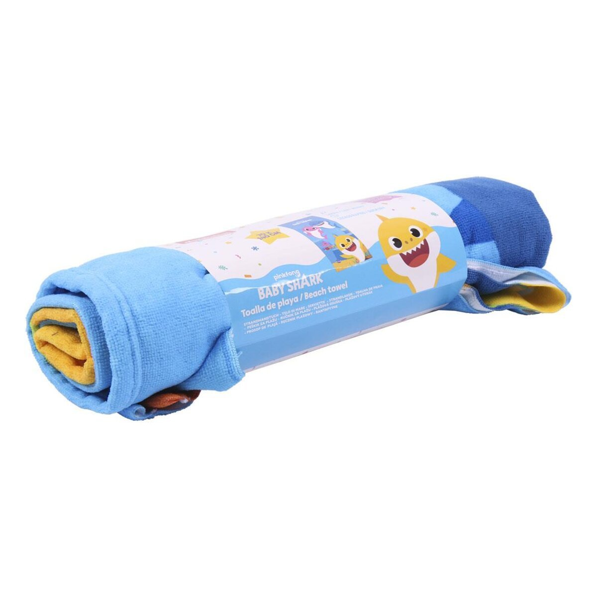 Toalla de playa Baby Shark enrollada en un tubo de plástico. Es azul y amarillo, con un diseño de Baby Shark.