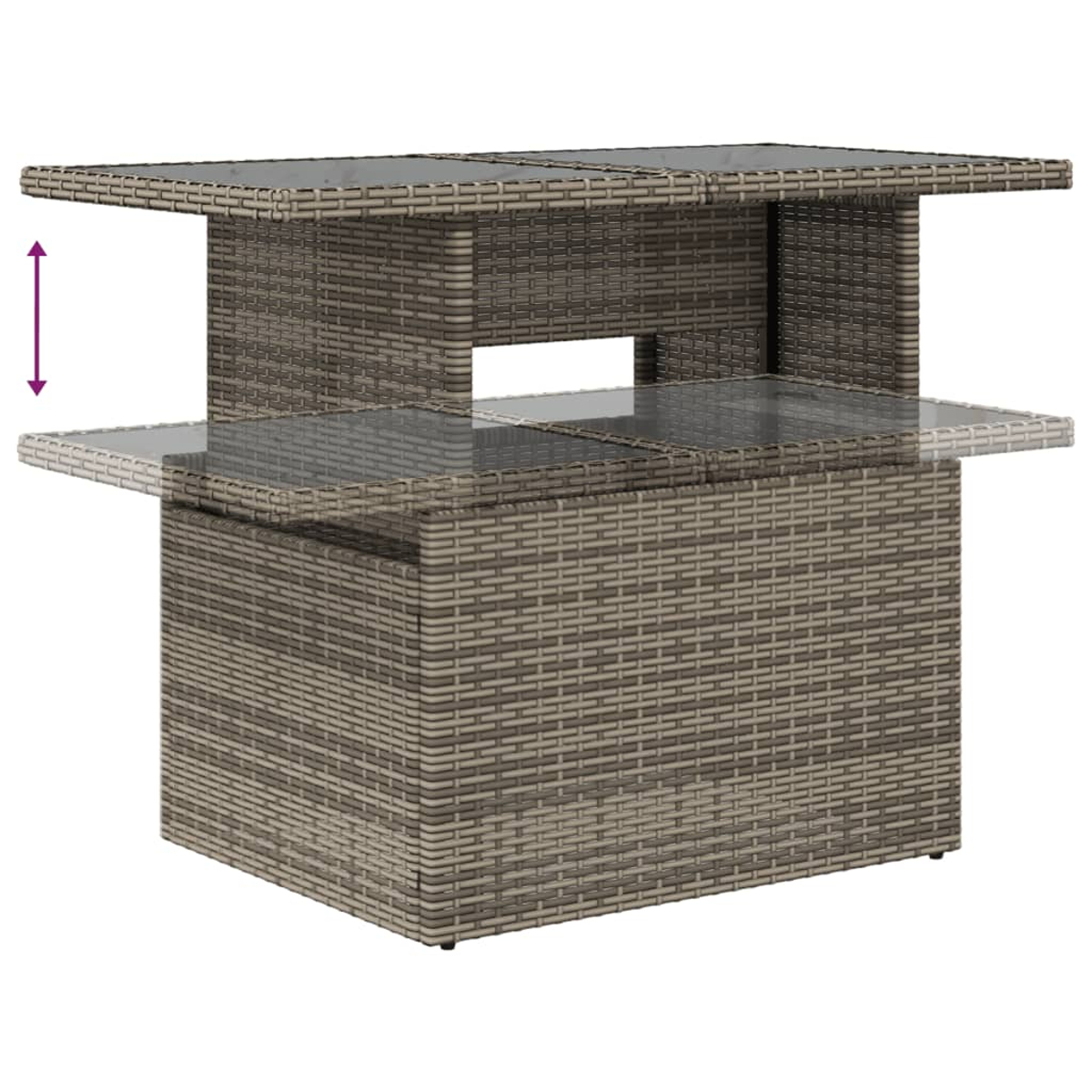 Outdoor-Tisch mit anhebbarer Platte. Der Tisch besteht aus Rattan-ähnlichem Material.