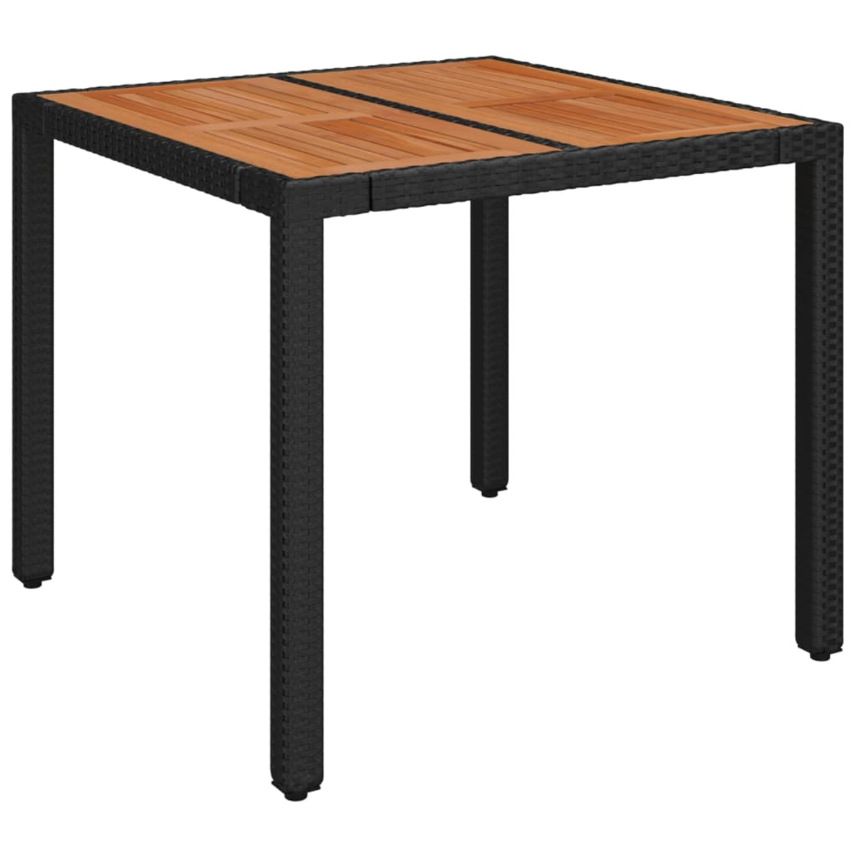 Quadratischer Gartentisch mit brauner Holzplatte und schwarzem Rahmen.