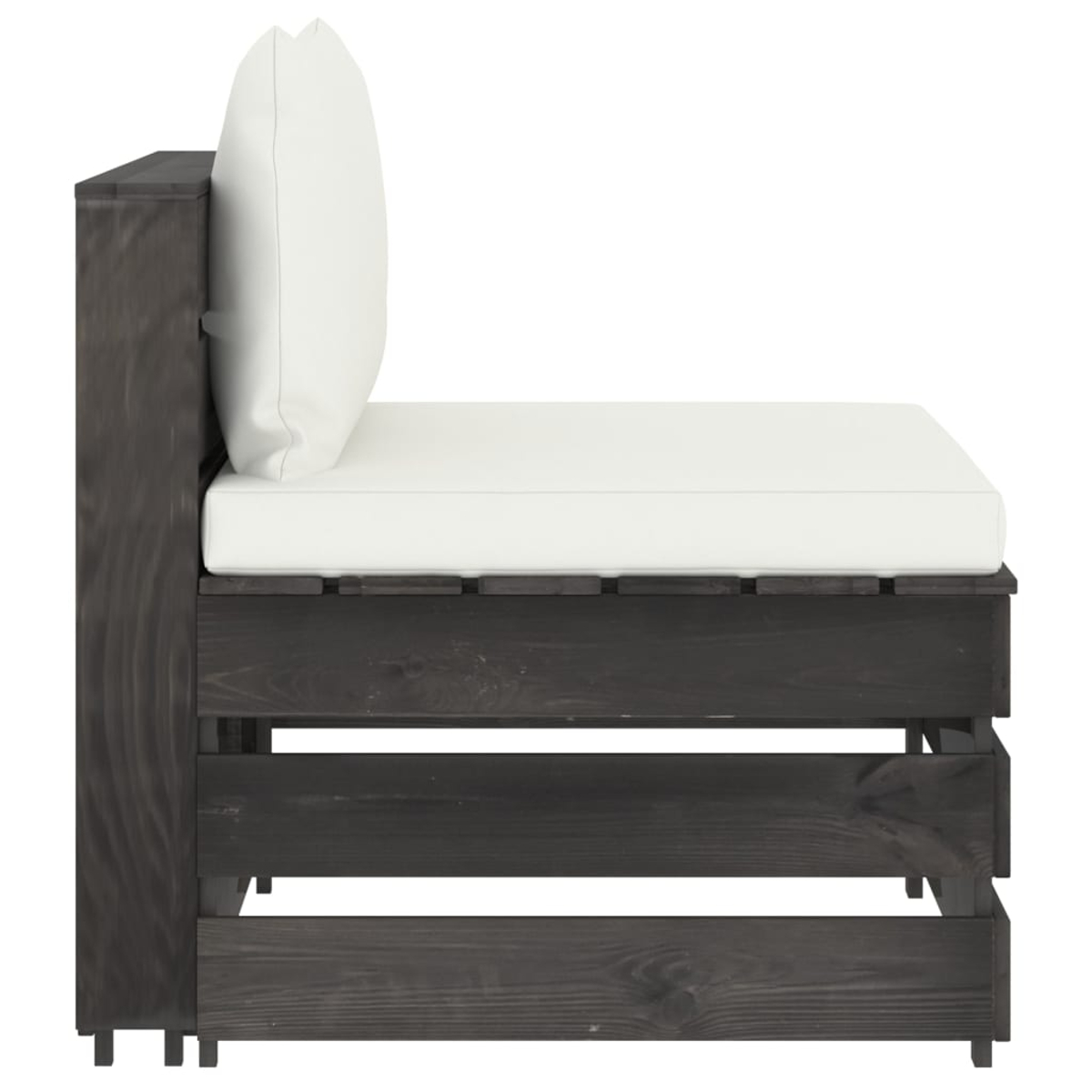 Seitenansicht eines dunklen Holz-Outdoor-Sofas mit weißem Kissen und Kissen.