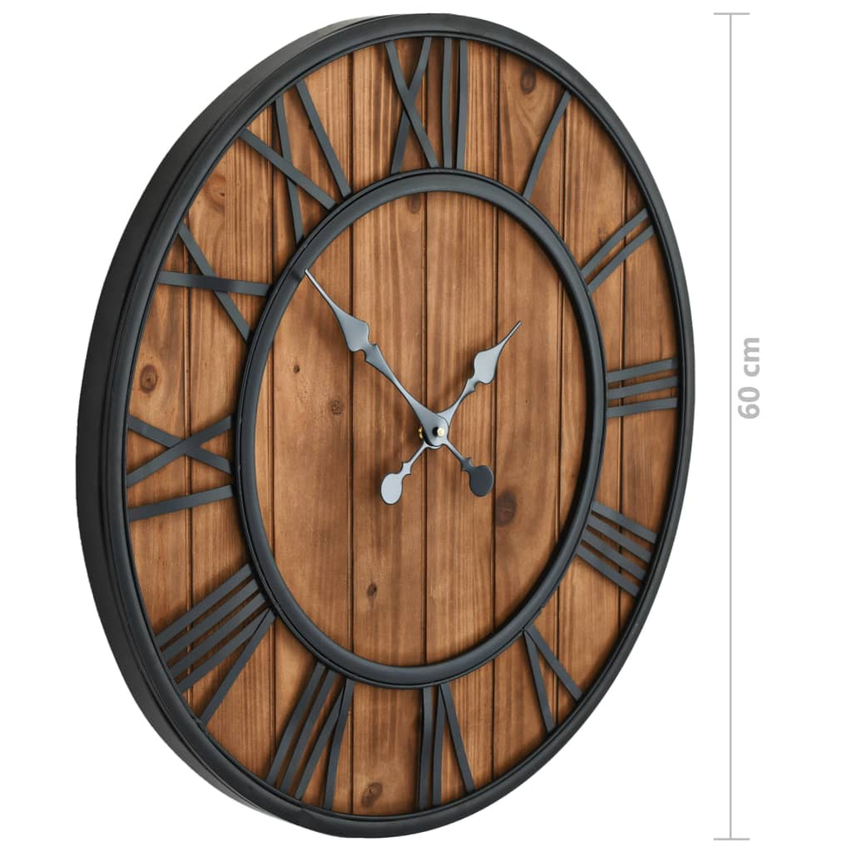 Wanduhr aus Holz mit schwarzem Rahmen und römischen Ziffern.