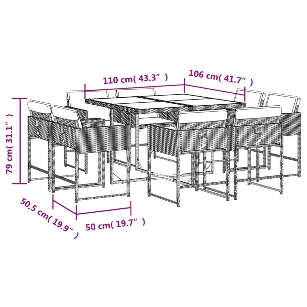 Bartisch im Freien mit 8 Barhockern. Quadratischer Tisch mit Glasplatte. Beige Korbstühle mit Kissen.