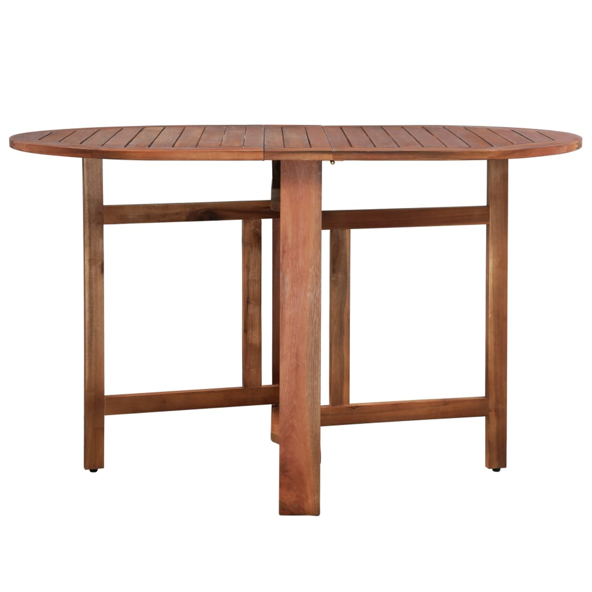 Brauner, ovaler Holztisch. Er hat eine Klappfunktion. Die Beine sind auch aus Holz.
