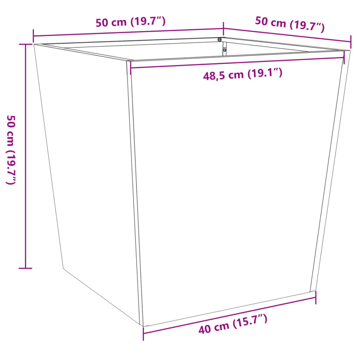 Quadratischer Pflanzkübel mit Maßangaben. Weißer Hintergrund. Oben: 50 cm, Seite: 50 cm, unten: 40 cm, Höhe: 50 cm.
