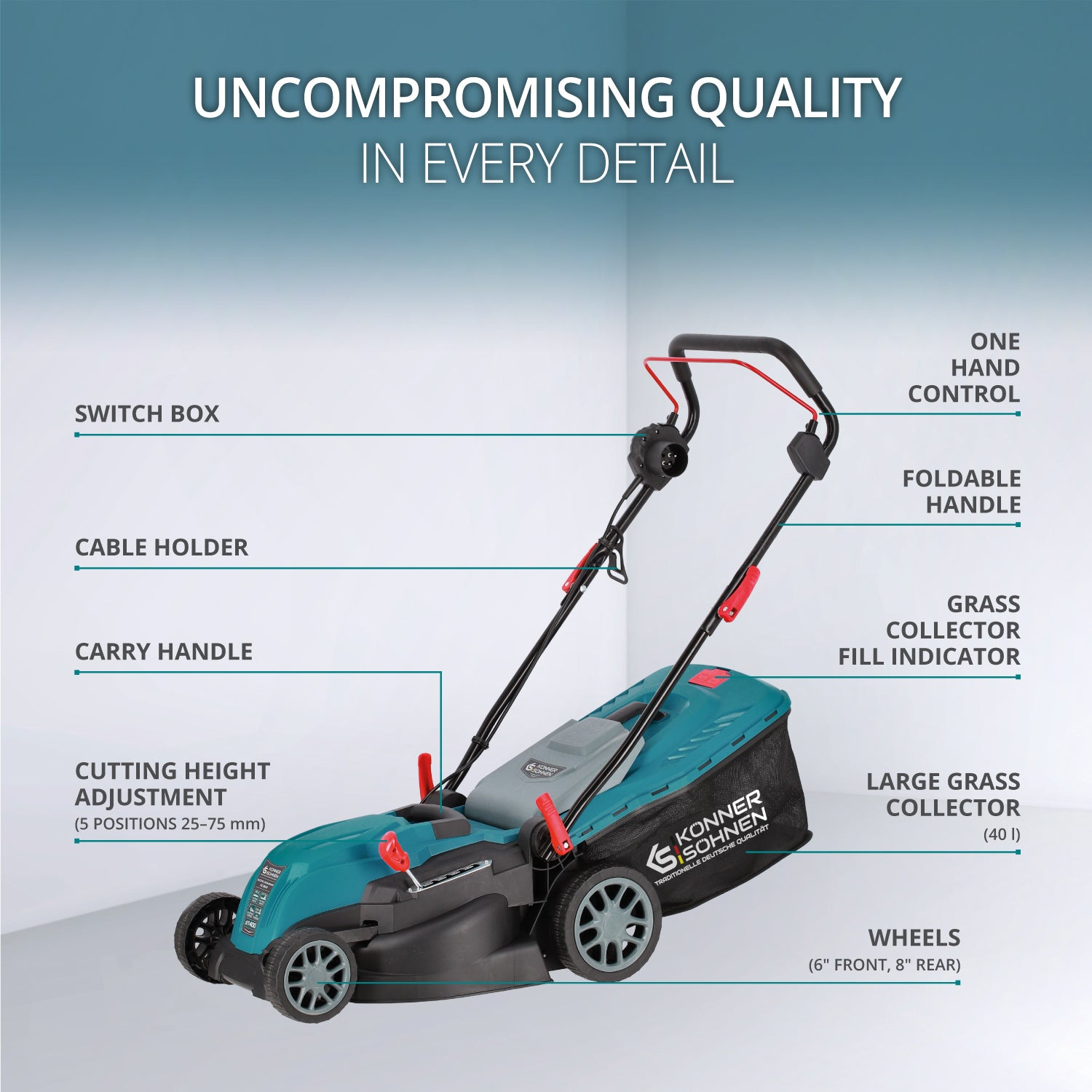 Kosiarka z etykietami. Zawiera skrzynkę przełączników, uchwyt na kabel i wysokość koszenia.