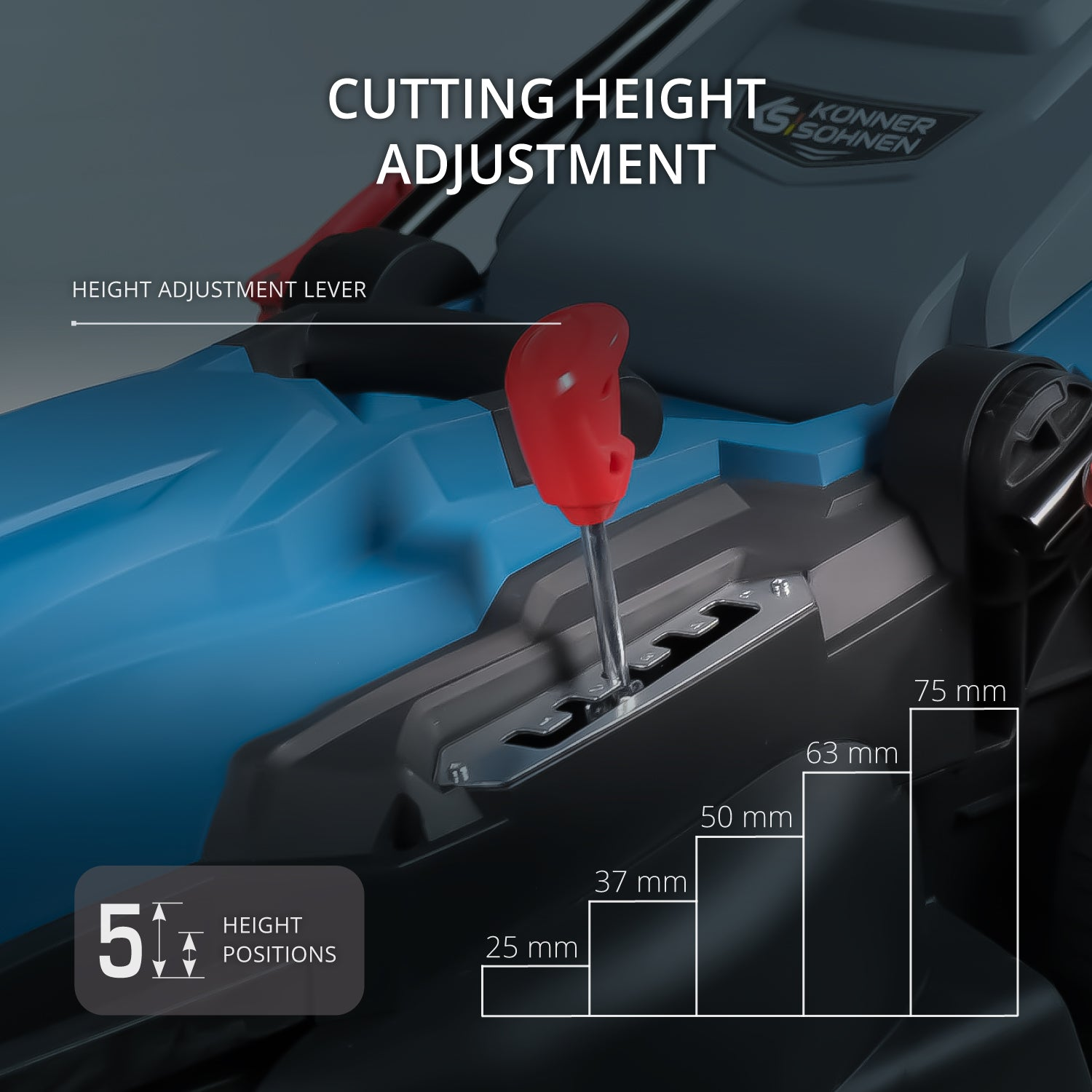 Zbliżenie regulacji wysokości koszenia w kosiarce.