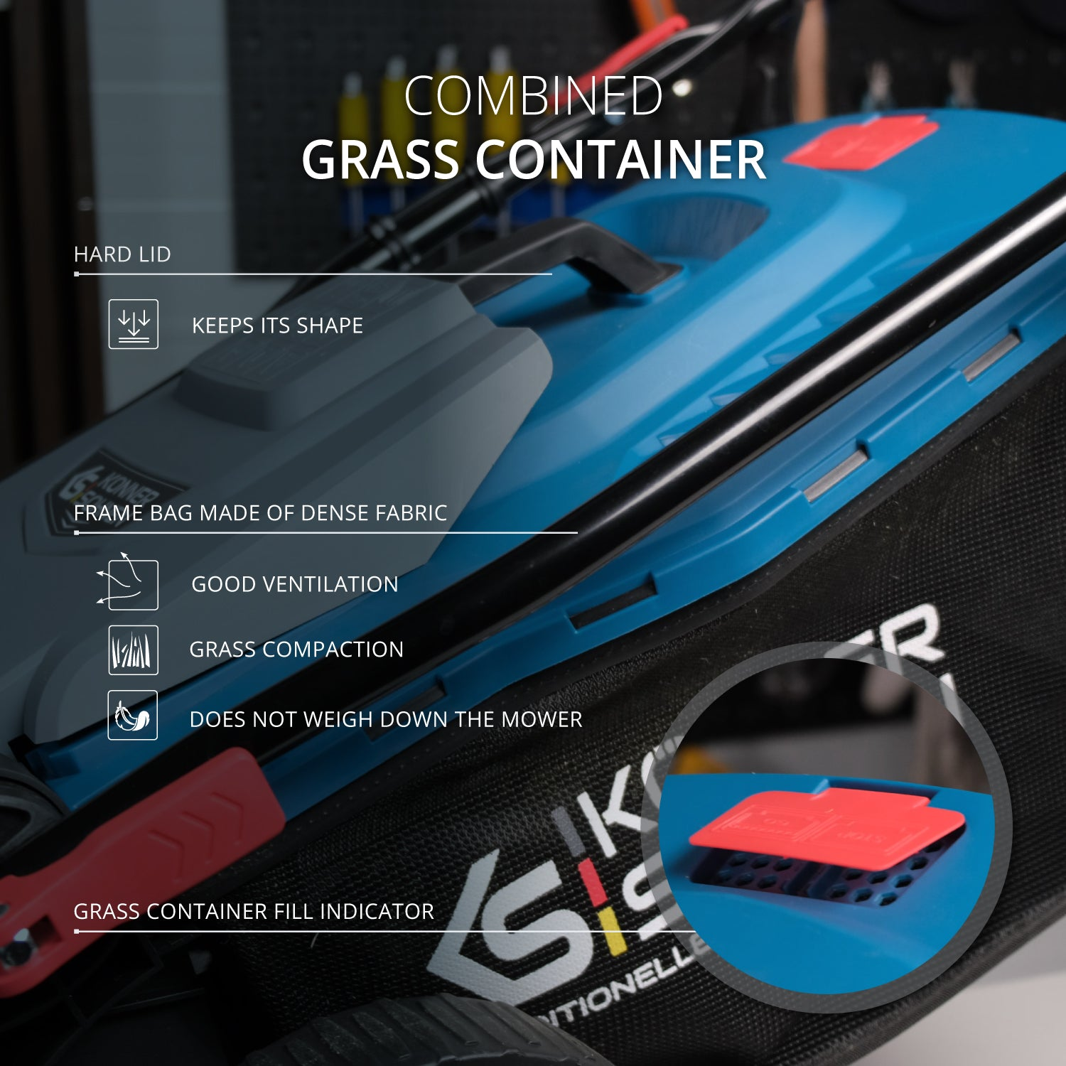 Schemat pokazujący elementy pojemnika na trawę; tekst i szczegóły dotyczące elementu kosiarki.