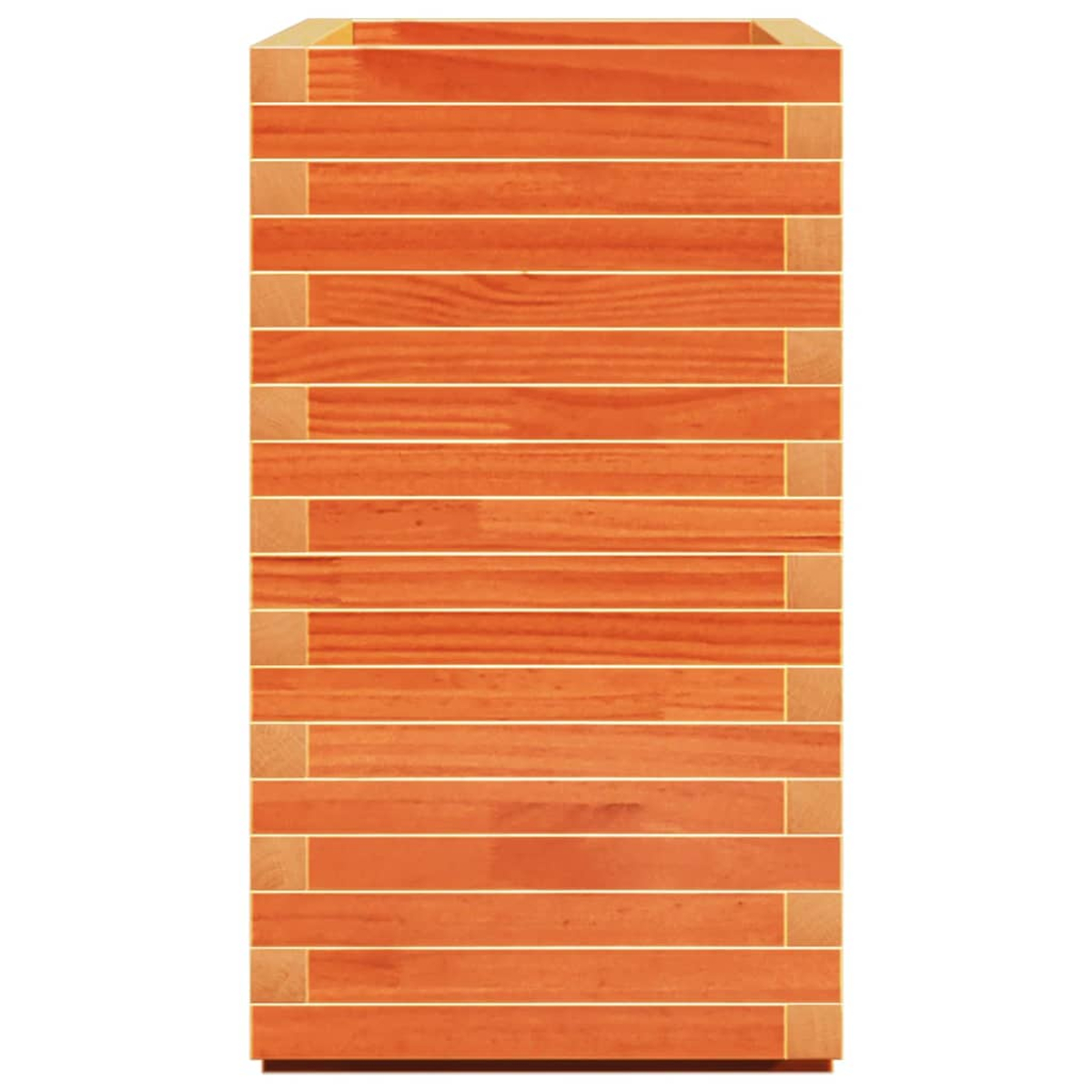 Ein orangefarbener Holzpflanzer, mit horizontalen Holzlatten, für den Außenbereich konzipiert.