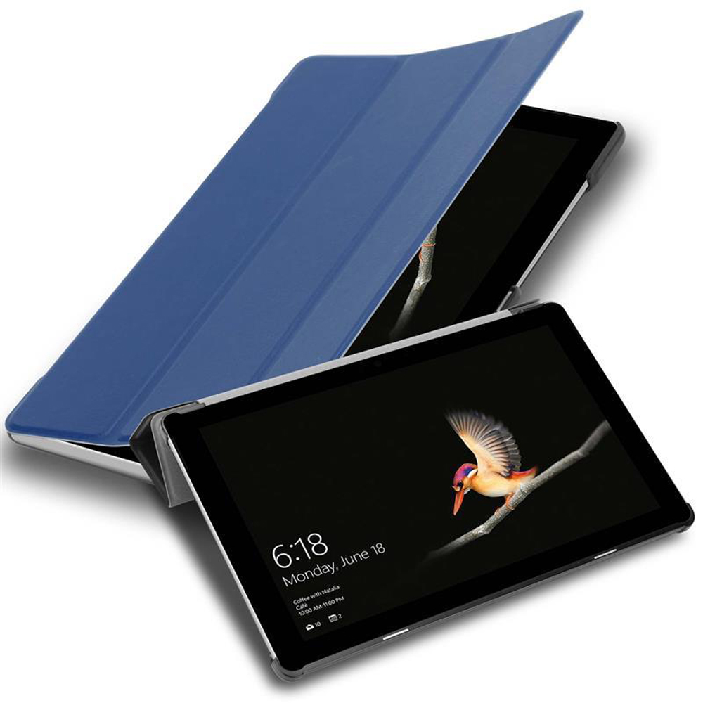 Eine blaue Tablethülle, die über einem Tablet geöffnet ist, das einen Vogel auf einem Ast zeigt. Das Datum ist der 18. Juni.