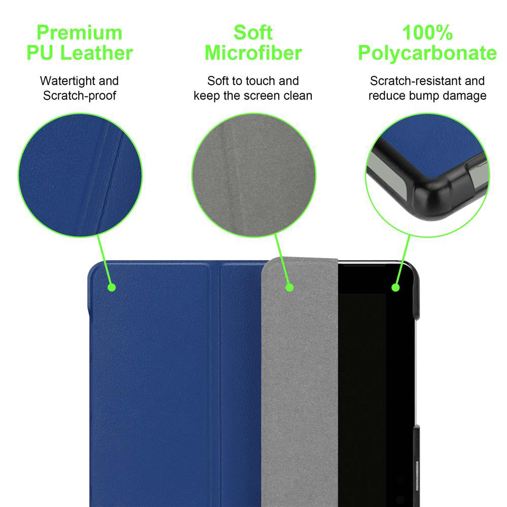 Nahaufnahme einer blauen Tablethülle mit Text, der die Materialien beschreibt: PU-Leder, Mikrofaser und Polycarbonat.