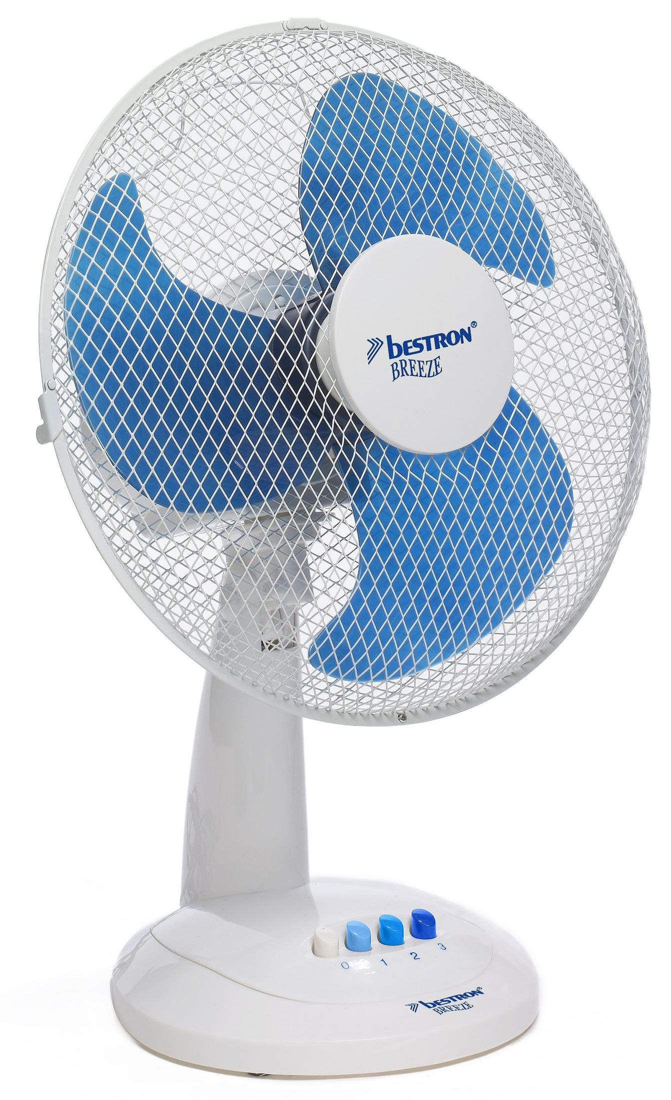 Ventilatore elettrico bianco e blu. Le pale sono blu. Ha una base bianca.